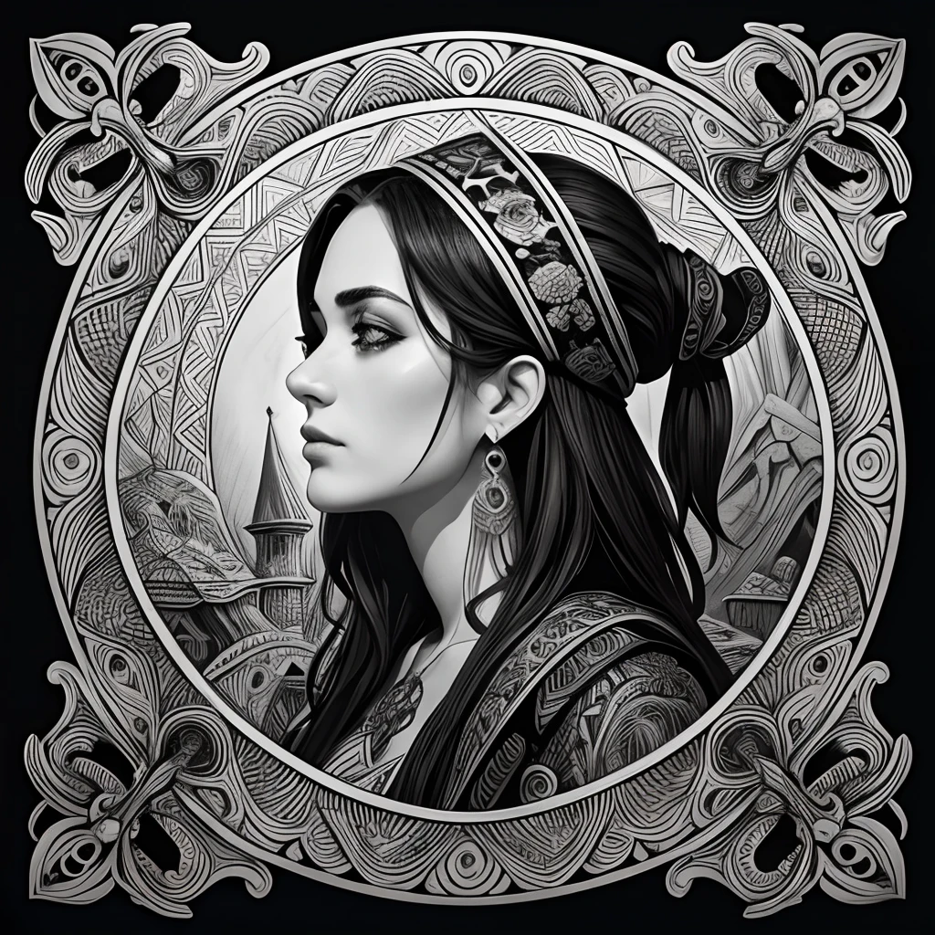Centred potrait of a female Pirate, black and white, zentangle (best quality) ultra-detailed, fine line drawing, fine line art, coloring book illustration style, intricate linework, highly detailed illustration, perfect composition, beautiful and stunning, dynamic angle, high contrast, incredible shading, incredible detail, unique style, black and white details, (dark and mystical atmosphere), intricate and detailed nature elements.