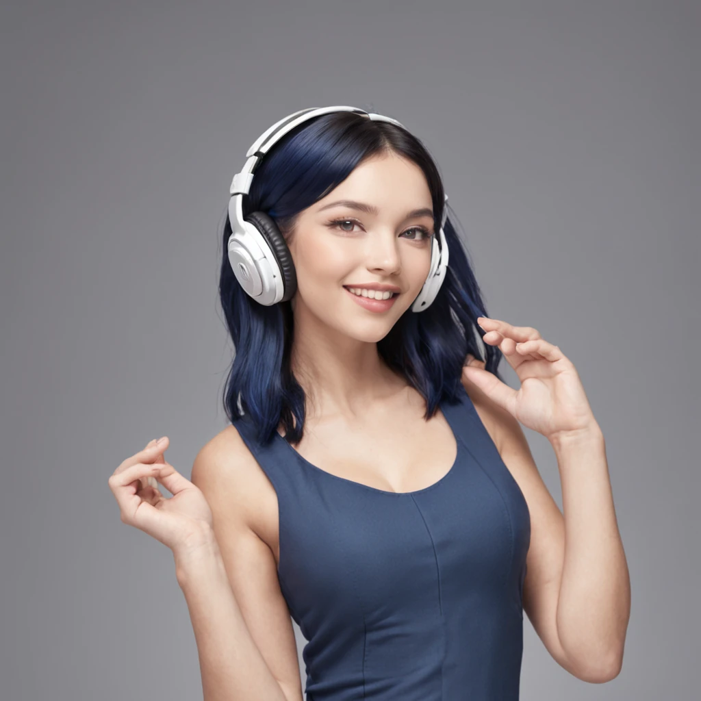 (Professional 3D rendering:1.3) by (Realistic:1.3) Young woman 22 year old with navy blue hair, smiling and happy expression, wears headphone around his neck, futuristic technology room background in white color, full body 8k render