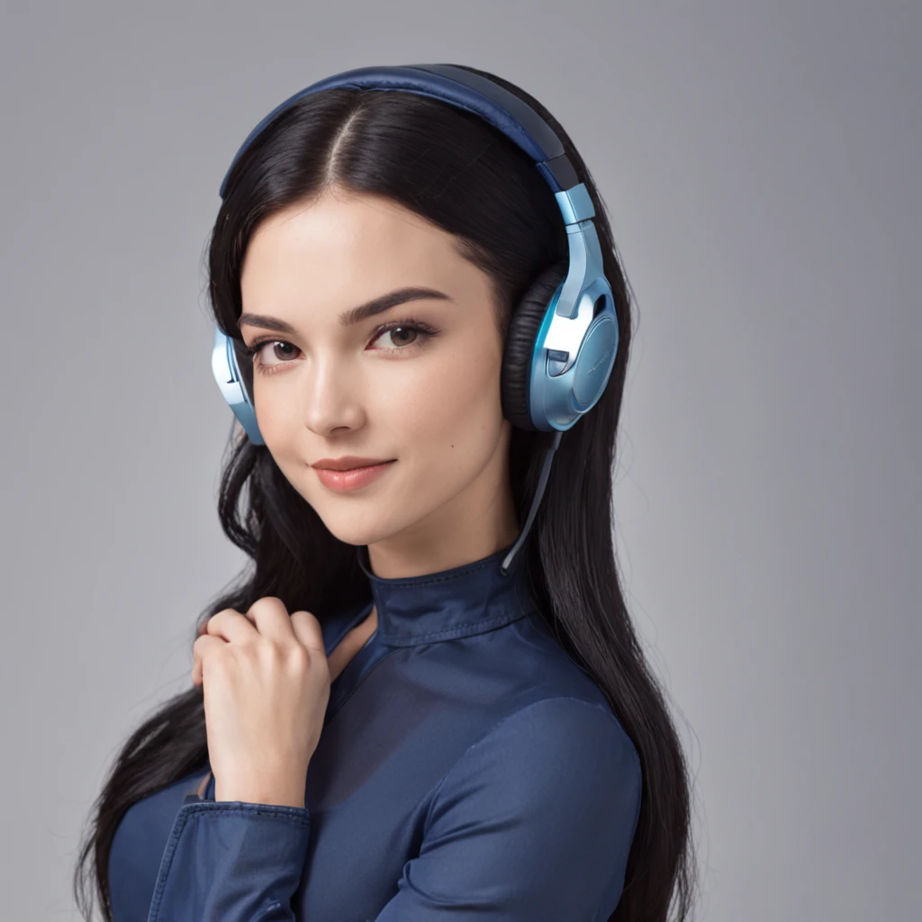 (Professional 3D rendering:1.3) by (Realistic:1.3) Young woman 22 year old with navy blue hair, smiling and happy expression, wears headphone around his neck, futuristic technology room background in white color, full body 8k render