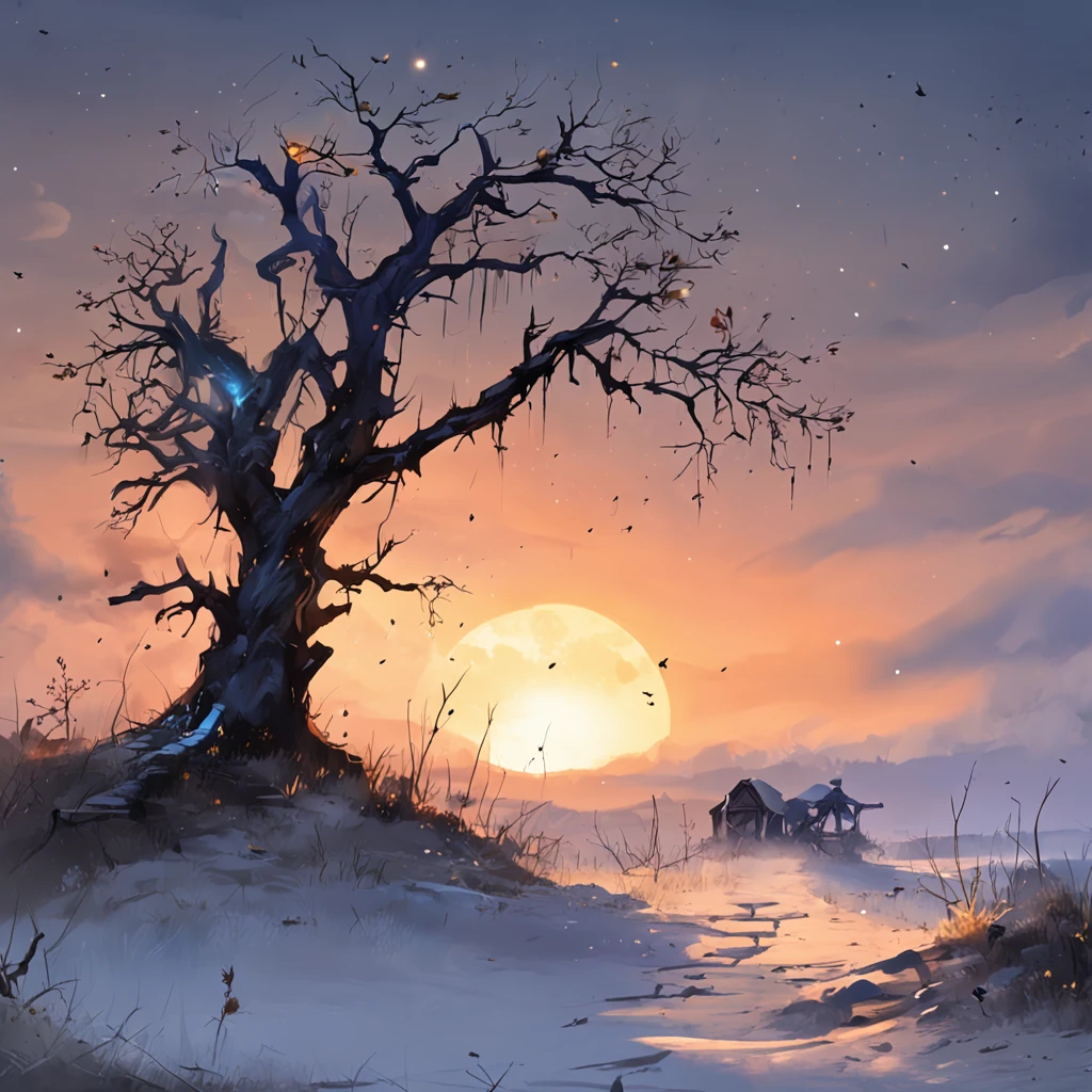 Two crows on a dead tree, A shadow shaped like a walker, Starry night, Thick fog on the ground, Blue light on the horizon, Unreal Engine 5, Cinematic, low angle photography, Motion blur, Depth of field, Dust, Cobblestones and dirt. Splash Art, dripping paint. Perfect color grading. Influenced by Karel Appel and Jeremy Mann, Full of dramatic and threatening scenes, Hyper-detailed, Beautiful, insanely details, Intricate details, editorial photography, shot with a 50mm lens, Depth of field, Tilt Blur, Shutter speed 1/1000, f/22. Lightmaps, Super bright