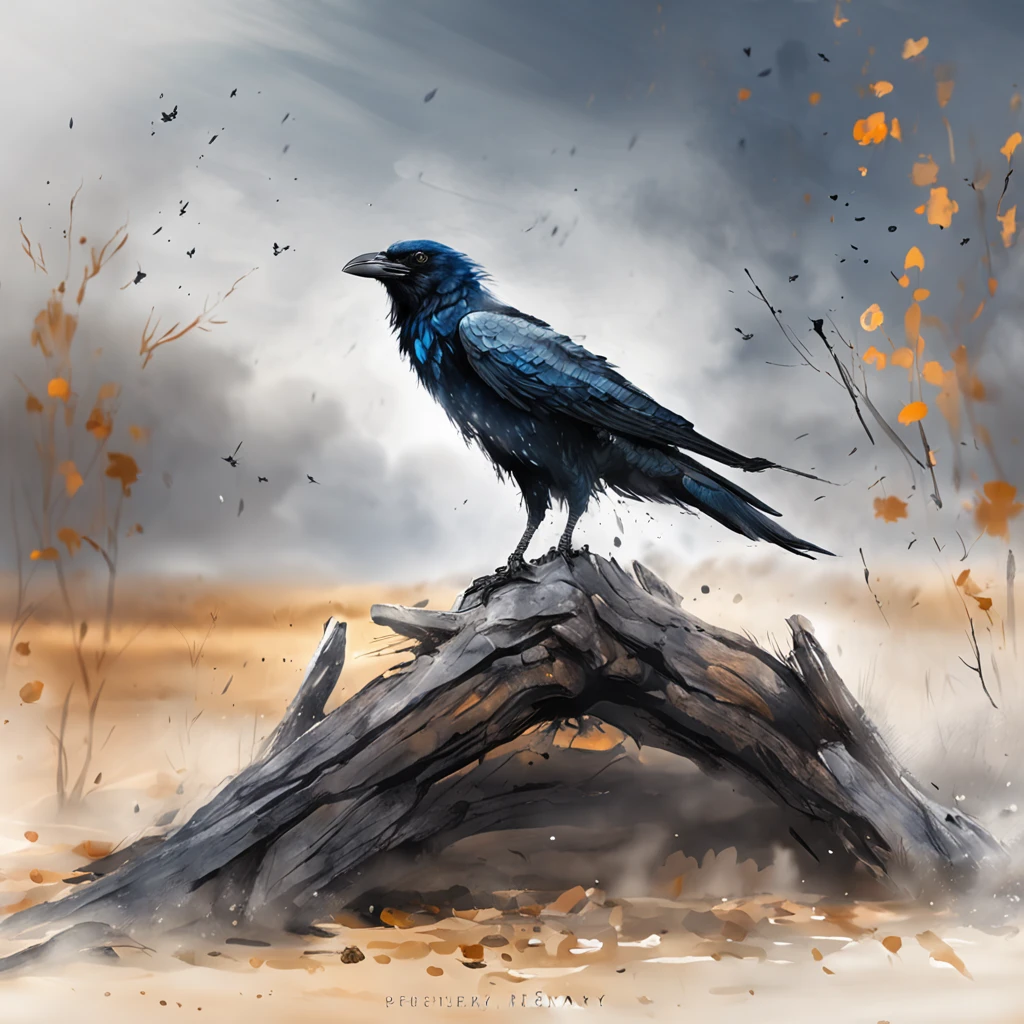 Two crows on a dead tree, A shadow shaped like a walker, Starry night, Thick fog on the ground, Blue light on the horizon, Unreal Engine 5, Cinematic, low angle photography, Motion blur, Depth of field, Dust, Cobblestones and dirt. Splash Art, dripping paint. Perfect color grading. Influenced by Karel Appel and Jeremy Mann, Full of dramatic and threatening scenes, Hyper-detailed, Beautiful, insanely details, Intricate details, editorial photography, shot with a 50mm lens, Depth of field, Tilt Blur, Shutter speed 1/1000, f/22. Lightmaps, Super bright