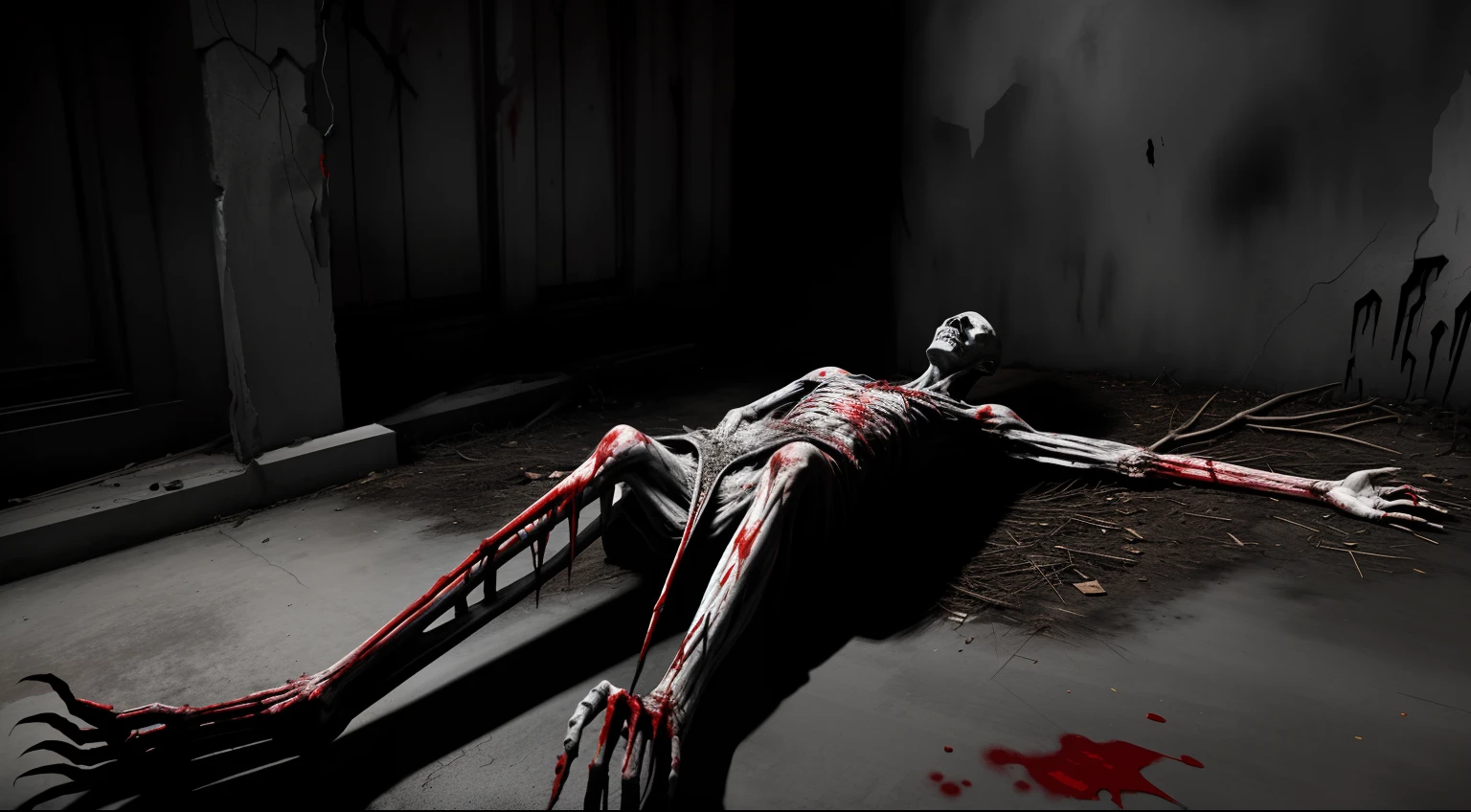 A ravaged corpse lay on the ground,Appalling。The limbs of the corpse are twisted and deformed,Be covered in blood,opens his eyes wide,Full of fear and despair。The surrounding walls are carved with cruel and bloody symbols,It gives the impression of the presence of evil forces。In the corner of the room hung something terrible,It is like a prop used to perform dark rituals,Revealing unspeakable evil intentions。The whole scene is full of horror。,It's chilling,Creeps。Realiy