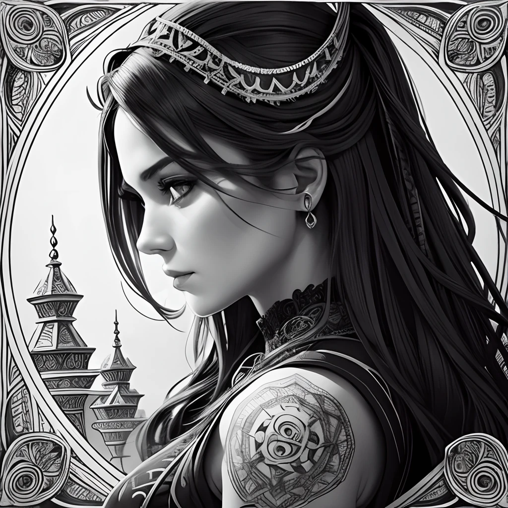 Centred potrait of a female Pirate, black and white, zentangle (best quality) ultra-detailed, fine line drawing, fine line art, coloring book illustration style, intricate linework, highly detailed illustration, perfect composition, beautiful and stunning, dynamic angle, high contrast, incredible shading, incredible detail, unique style, black and white details, (dark and mystical atmosphere), intricate and detailed nature elements.
