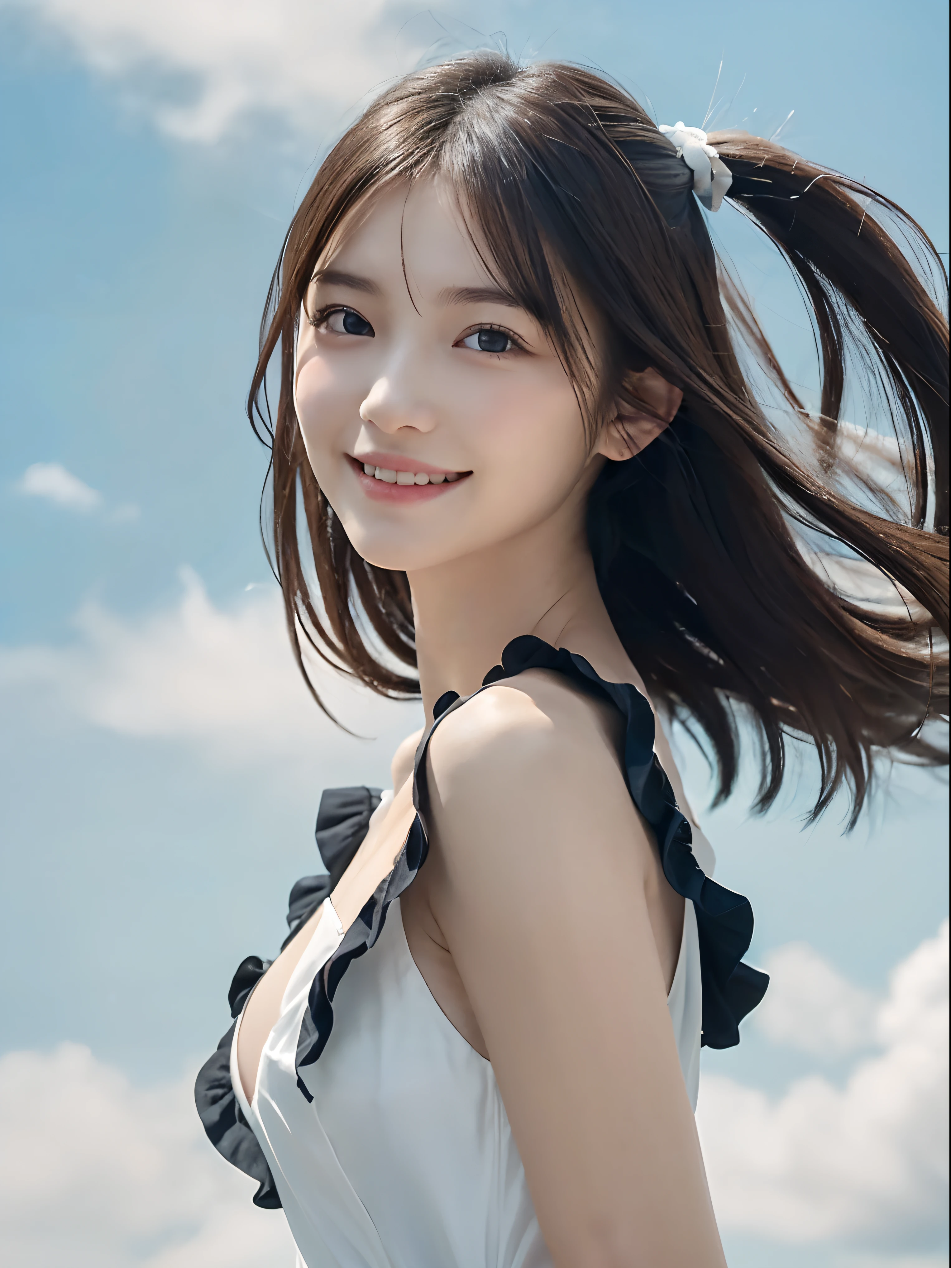 (Close up portrait of one girl with slender small breasts with twin-tailed hair in a ruffled dress:1.5)、(Girl standing on edge of screen smiling with open arms:1.3)、(Summer blue sky and white clouds floating background :1.3)、(Perfect Anatomy:1.3)、(complete hands:1.3)、(complete fingers:1.3)、Photorealsitic、Raw photography、masutepiece、top-quality、hight resolution、delicate and pretty、face perfect、Beautiful detailed eyes、Fair skin、Real Human Skin、pores、((thin legs))、(Dark hair)
