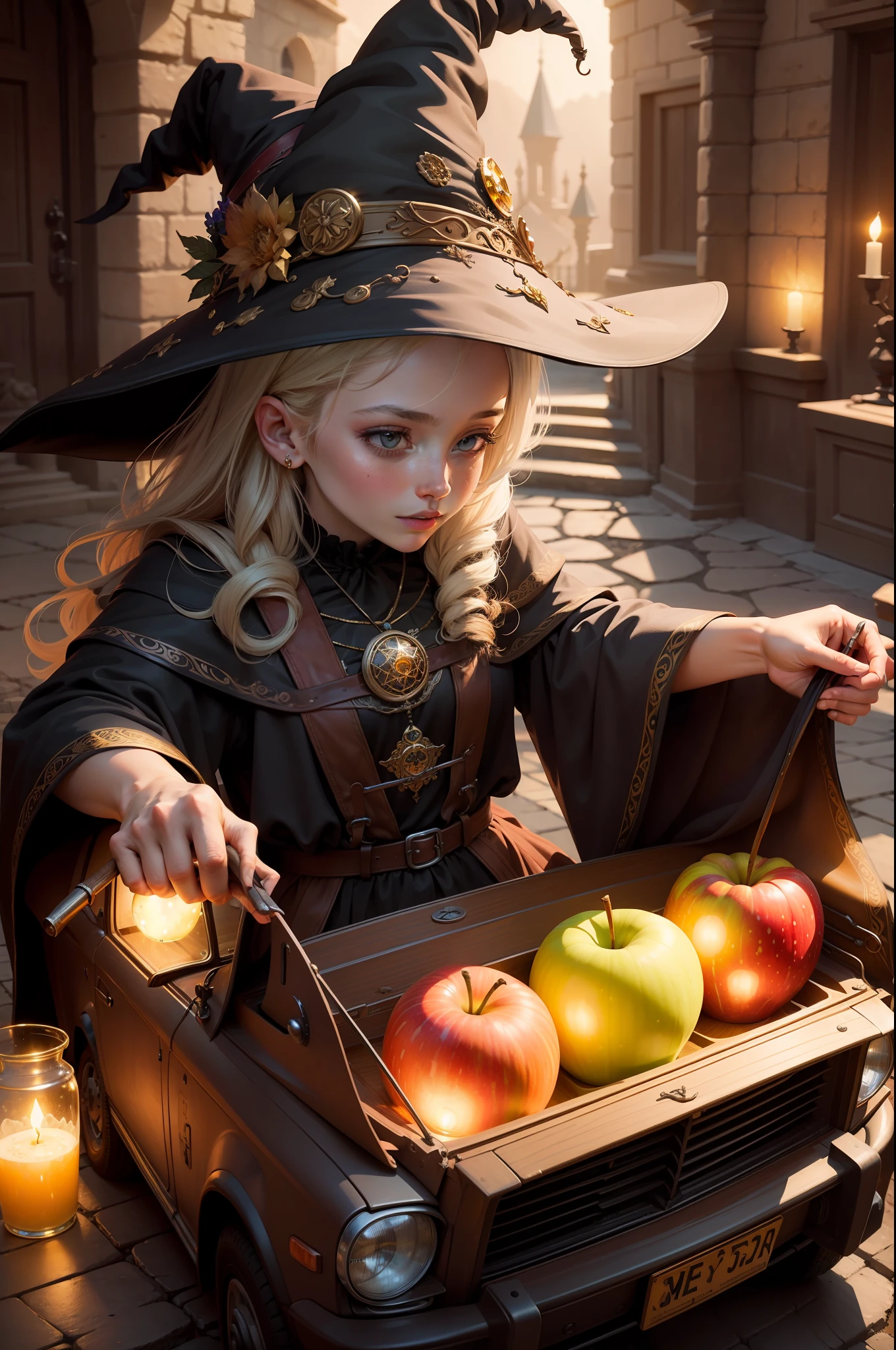 (masterpiece, top quality, best quality,official art, beautiful and aesthetic:1.2),(1witch:1.3), a witch drriving an old yellow car eating an apple, colored glass, lead lines, light transmission BREAK vibrant colors, intricate designs, luminous effects, spiritual ambiance