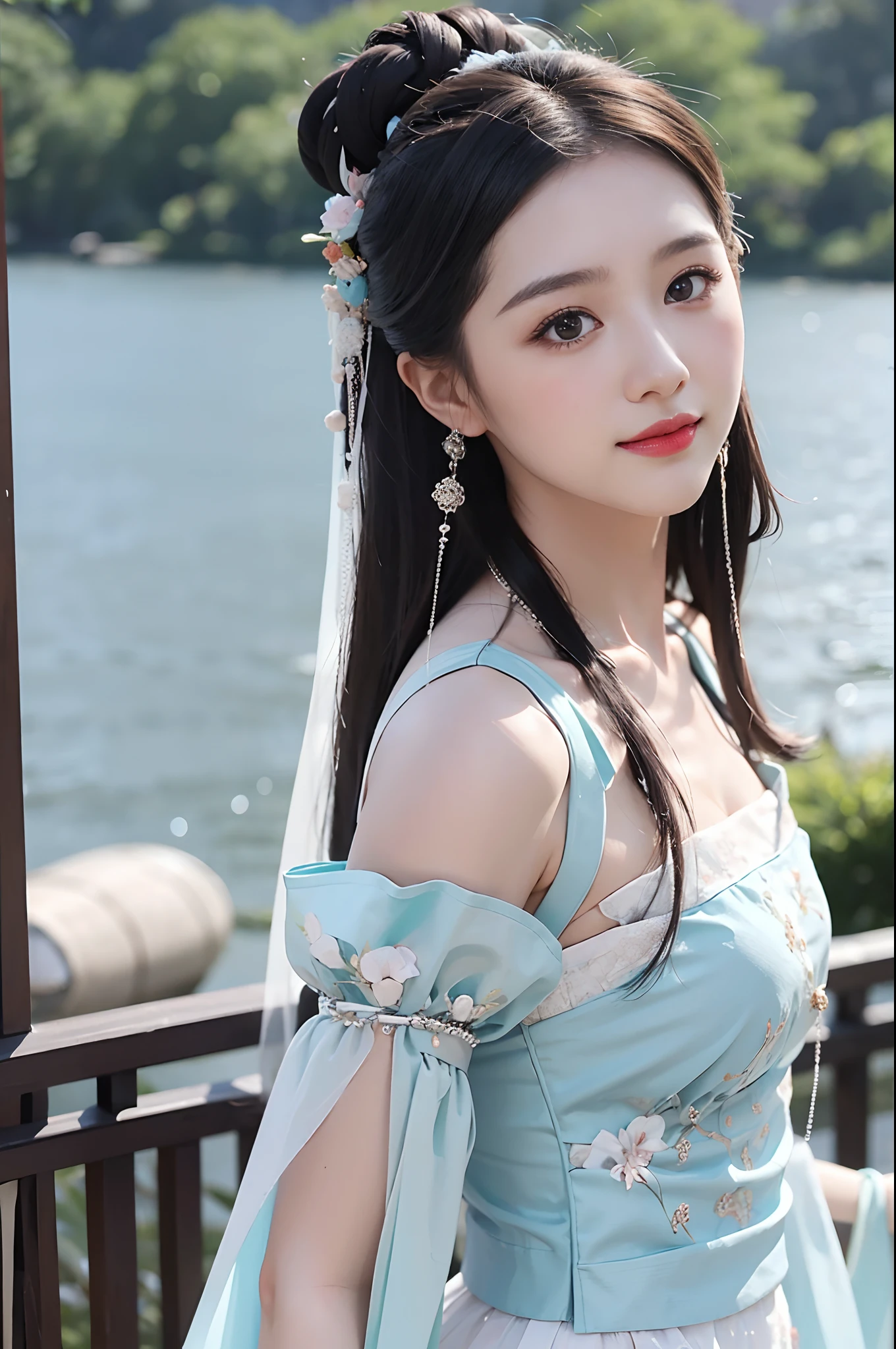 1girll,Exquisite,light smile,Dancing by the lake,white colors|Cyan hanfu,Tulle Hanfu beauty,delicate patterns,Silk satin reflective,Textured clothes Glossy glossy skin,Ray traching,
best qualtiy,tmasterpiece,(Photorealsitic:1.4),Raised sexy