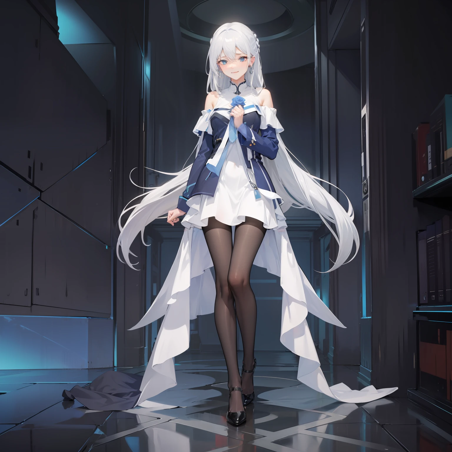 Expose the upper chest，A mature female big sister，More mature and generous，Slim and well-proportioned，Hands on the chest，Holding a blue rose，Long flowing gray-white hair，Split head，Sky blue pupils，The left and right eyes are the same，light  smile，Pure white off-the-shoulder dress，Silver crossed earrings，Long legs，black lence stockings，Black leather shoes