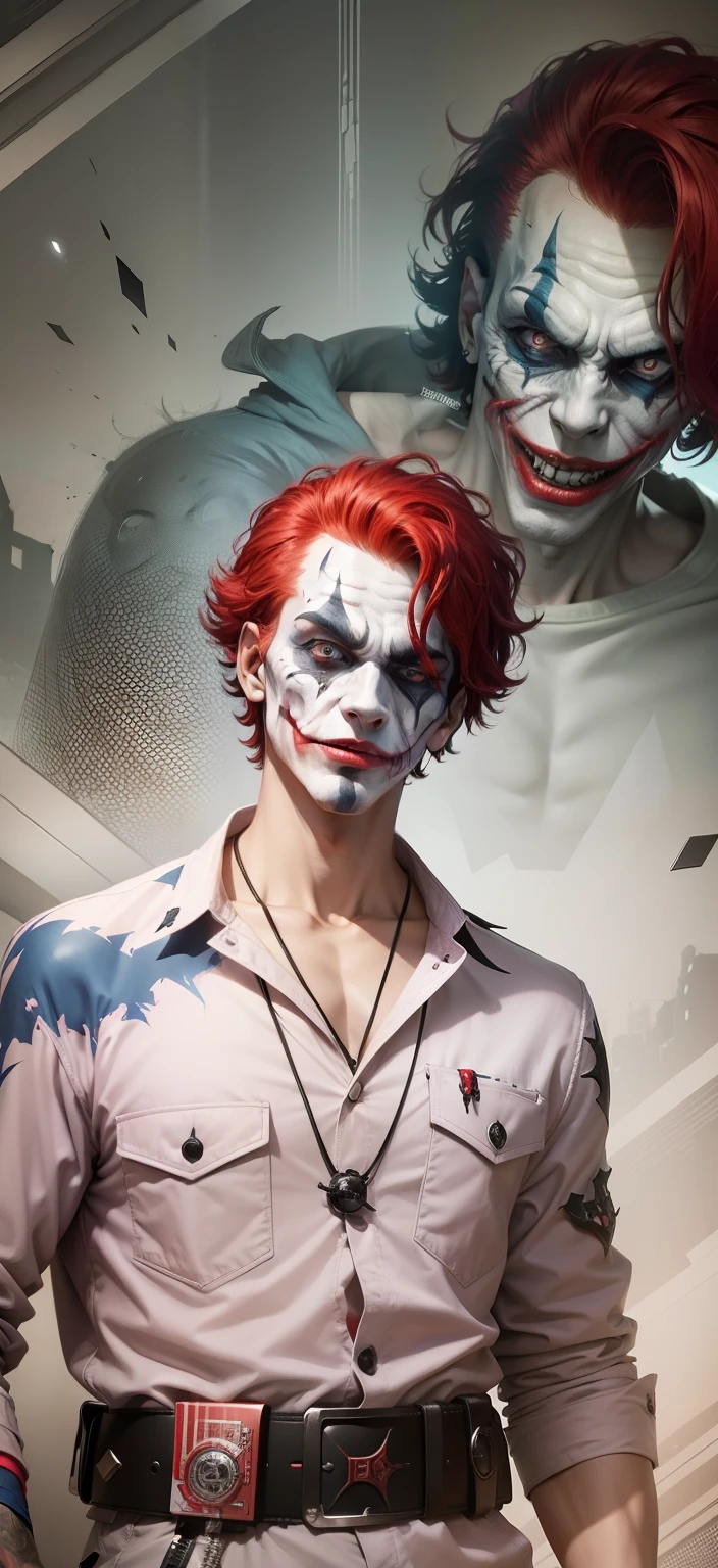 Boy With 3d Cartoon   futuristic monster background realistic joker face , bule red hair ultra high quality HD