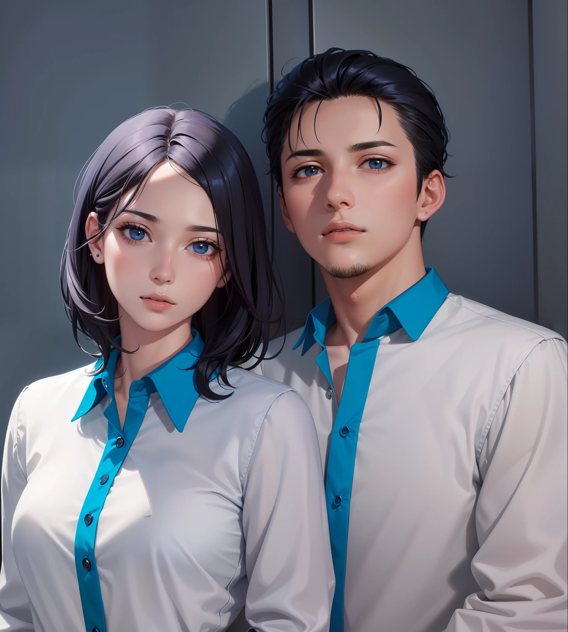 2 people, woman and man, Attractive profile picture, masterpiece, ultra-precise rendering, beautiful and cool young woman, trustworthy, dependable young woman, savior of the world, simple design, most beautiful image, 4K, blue black hair, beautiful woman, handsome man