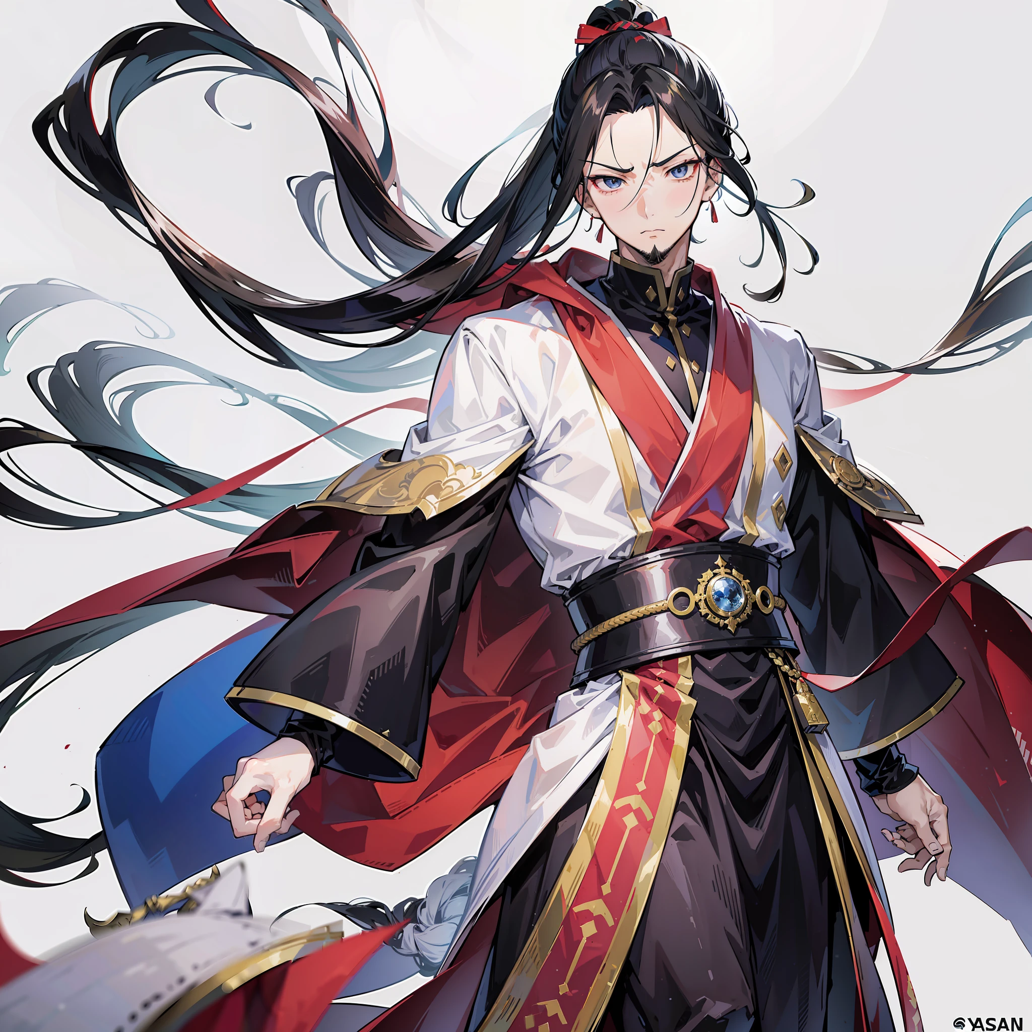 (Anime) Shou Hei Kun is always seen in oversized robes in the court. On the battlefield, he wears a dark armor ornamented with snakes. He has long, shiny hair, always seen tied in a high ponytail, and a short goatee. His eyes have a sharpness that keeps him looking pensive, and his expression near never changes. At times of stress, he grows a light goatee and facial stubble that he shaves by his next appearance. Yasuhisa Hara describes him as extremely handsome as seen in his stats below. (Kingdom seven warring state period like anime image) (high quality) (Definitely beautiful) (Anime style)