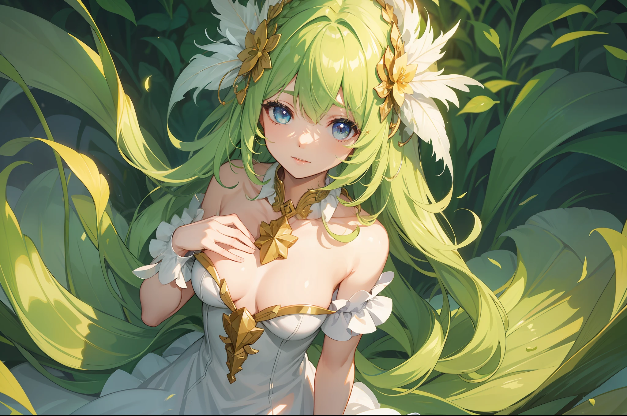 Farmer maiden, slimy outfit, collar, multicolor hair, curly fang, feather mask, charming aura, glowing star shape pupil, masterpieces, original character, high resolution, extreame detail, grass effect, oiled body detailed, petite body shape, armlet, farm background, camera from above