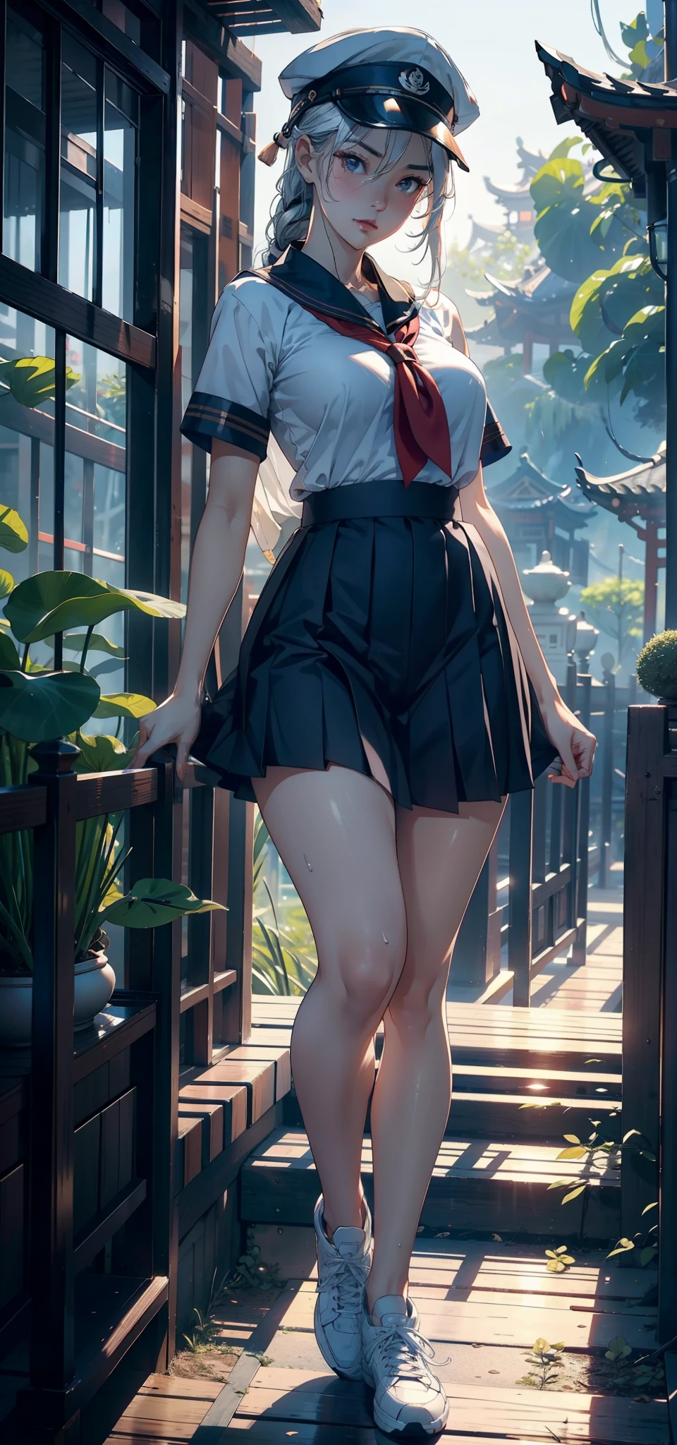1 female,Number 11,little girl,little loli,Under small breasts ,exposure, solo,(background with:bamboo forest,lotus,lotus,Exterior,Lotus Pond) She has short black hair,stand up,Sweating,Soaked all over,View from the front, straight hair, The sky is mostly cloudy,(((masterpiece),(Very detailed CG unified 8k wallpaper),best quality,light,detailed background,Beautiful and delicate eyes,bright pupils,black eyes,(Very delicate and beautiful),(Beautiful and detailed eye descriptions),Super detailed,masterpiece,)),face camera,high resolution,Super detailed),violent house,Bare genitals, convex,legs are open,convex起性感,camel toe,complexion,open mouth,street frontage,college aged,(wear:Uniforms,Sky blue loose shirt,black pleated skirt,White calfskin socks,black sneakers)Full body image,show shoes