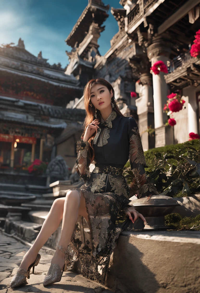 Thunderbolt bud clothing, {Realiy}, Office Lady, Very long hair, {{Skinny}}, {{Mature female}}, Slim legs, Best quality, Masterpiece, Detailed, Outdoors, Suzhou Garden, Chinese clothes, {{Black pantyhose}}, White footwear, High heels, Sitting, floral decorations, silver decoration, Footwear decoration,