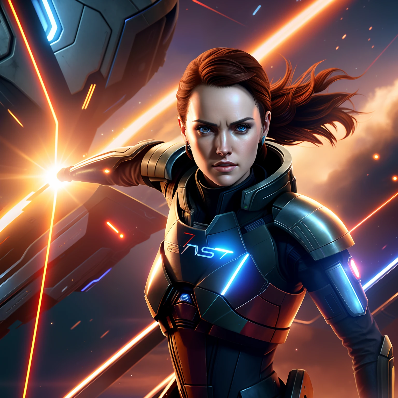a close up of Daisy Ridley in a futuristic suit with a sci - fiction style background, mass effect fantasy, commander shepard, femshep, shepard fairy style art, mass effect style, mass effect inspired, mass effect, mass effect artifacts, wearing mass effect armor, inspired by Eve Ryder, epic scifi character art, hq 4k phone wallpaper, jen bartel