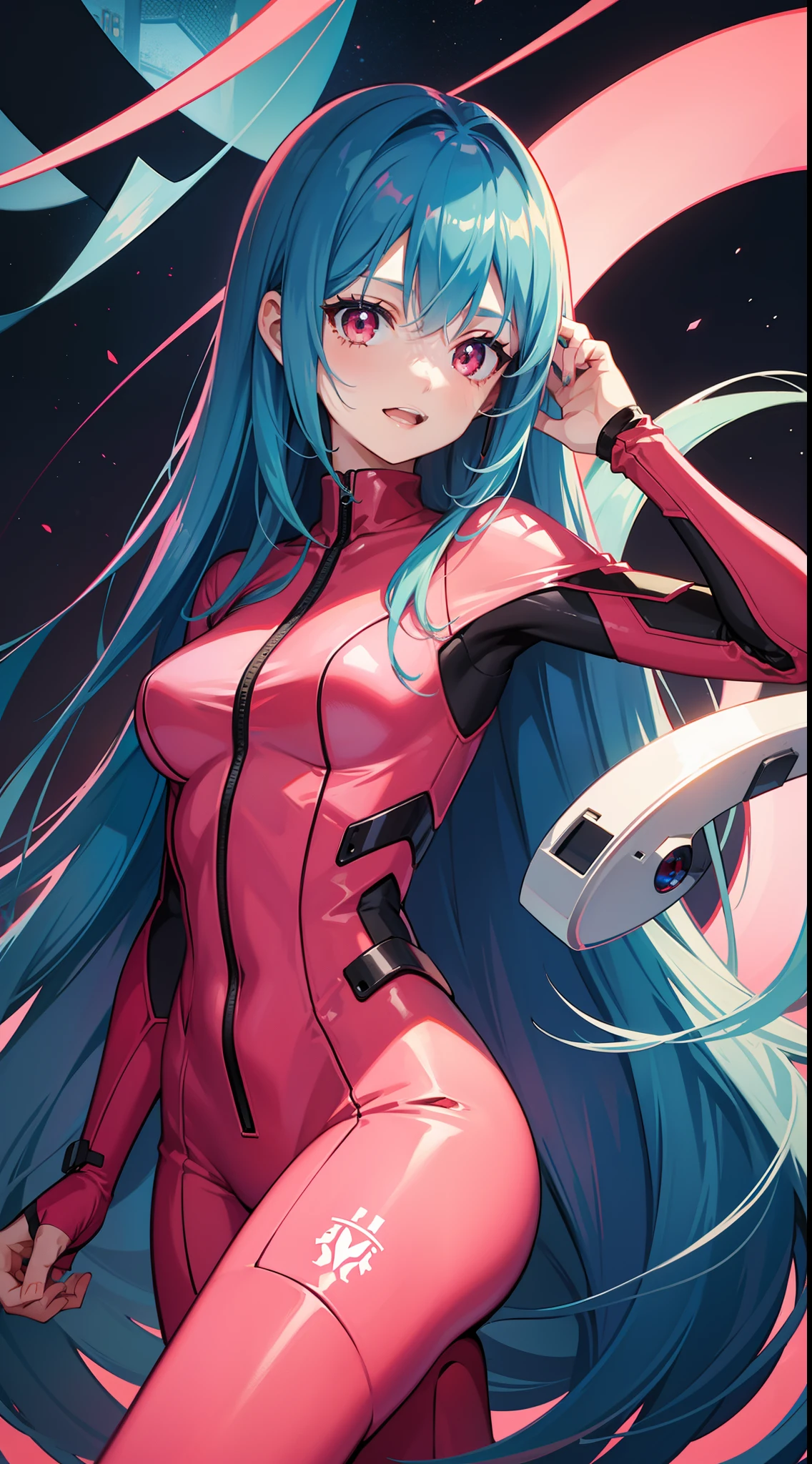 young girl, long blue hair, red eyes, ssmile, opened mouth, pink plugsuit, Masterpiece, hiquality