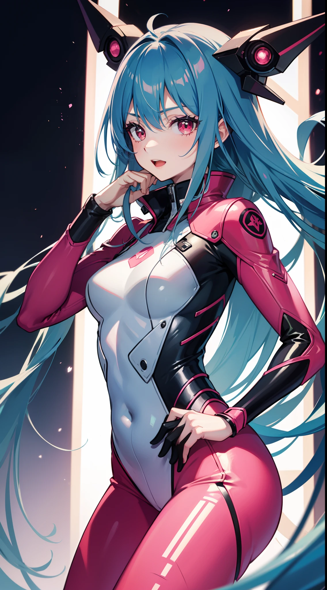 young girl, long blue hair, red eyes, ssmile, opened mouth, pink plugsuit, Masterpiece, hiquality