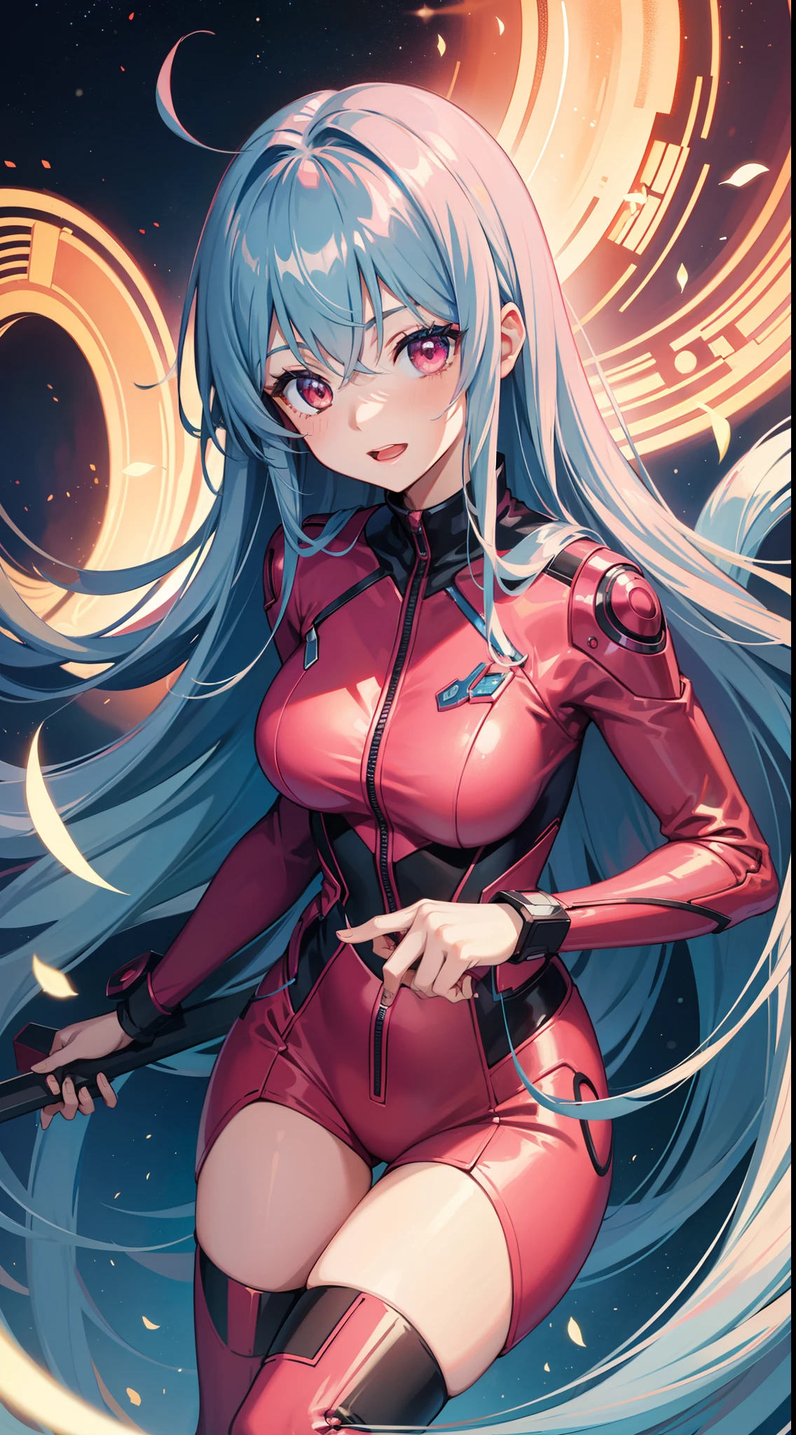young girl, long blue hair, red eyes, ssmile, opened mouth, pink plugsuit, Masterpiece, hiquality
