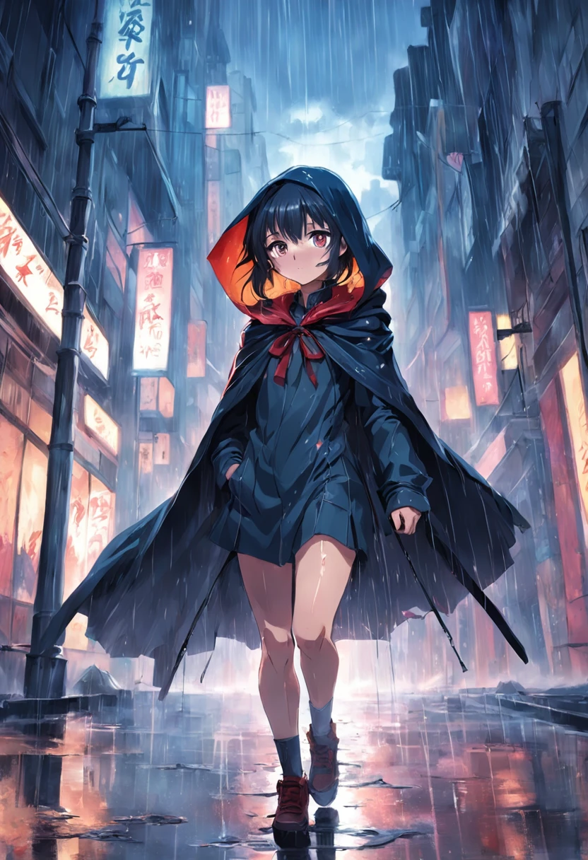 rainy days，A beautiful maiden in a cloak，Look at the teenage girls fighting the rioters in the ruins，Then quietly leave