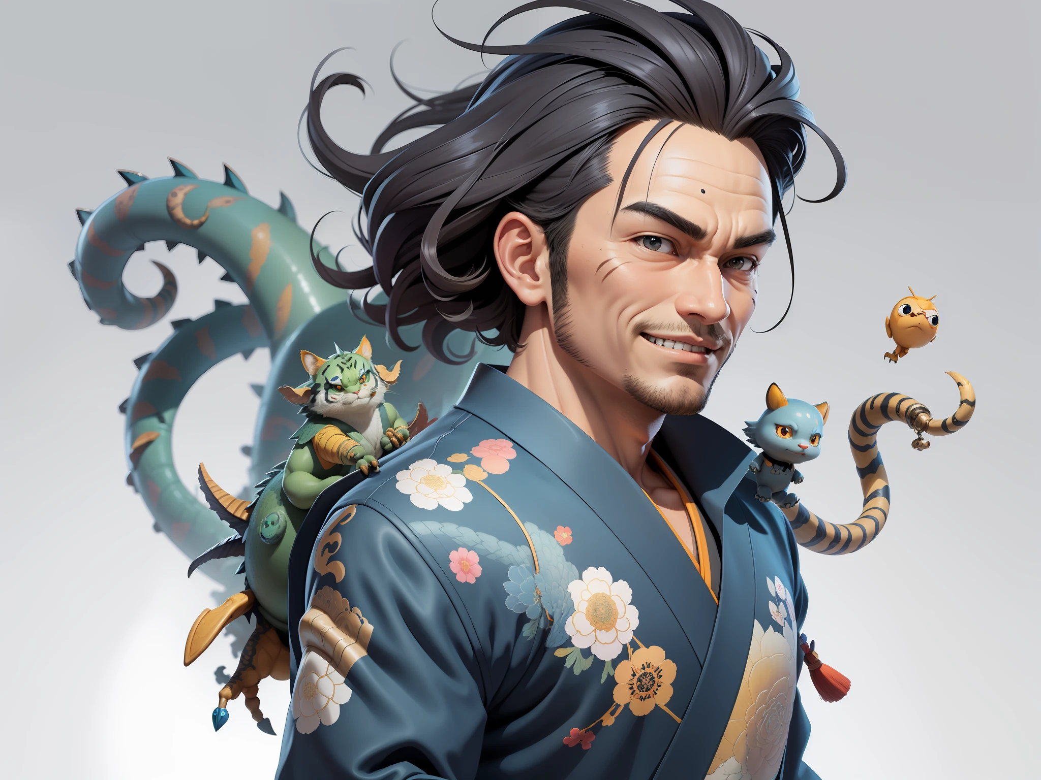 (Masterpiece), (Excellent), (Super Meticulous), (Full Body: 1.2), Super Young Man, Oriental Face, Japanese Kimono, Japanese Wind Thunder God, Dragon, Tiger, TV Anchor, Bust Portrait Illustration, Alone, Black Suit, Blue Tie, Slightly Chubby Face, Very Clean Face, No Beard, Black Super Short Hair, Black Eyes, Confident Smile, 3c Computer Sub-Products, iPad, iPhone, Digital Painting, 3D Character Design by Akira Toriyama and Mark Claireden and Pixar and Hayao Miyazaki, The illustration is a high-definition illustration in 4K resolution with very detailed facial features and cartoon-style visuals.