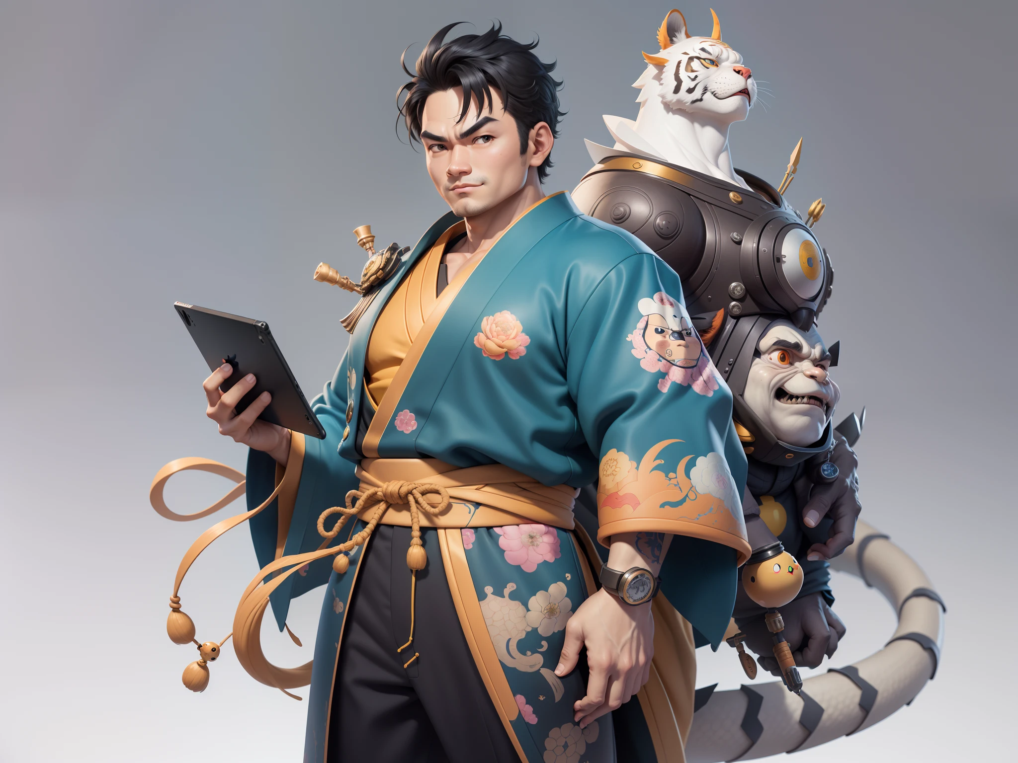 (Masterpiece), (Excellent), (Super Meticulous), (Full Body: 1.2), Super Young Man, Oriental Face, Japanese Kimono, Japanese Wind Thunder God, Dragon, Tiger, TV Anchor, Bust Portrait Illustration, Alone, Black Suit, Blue Tie, Slightly Chubby Face, Very Clean Face, No Beard, Black Super Short Hair, Black Eyes, Confident Smile, 3c Computer Sub-Products, iPad, iPhone, Digital Painting, 3D Character Design by Akira Toriyama and Mark Claireden and Pixar and Hayao Miyazaki, The illustration is a high-definition illustration in 4K resolution with very detailed facial features and cartoon-style visuals.
