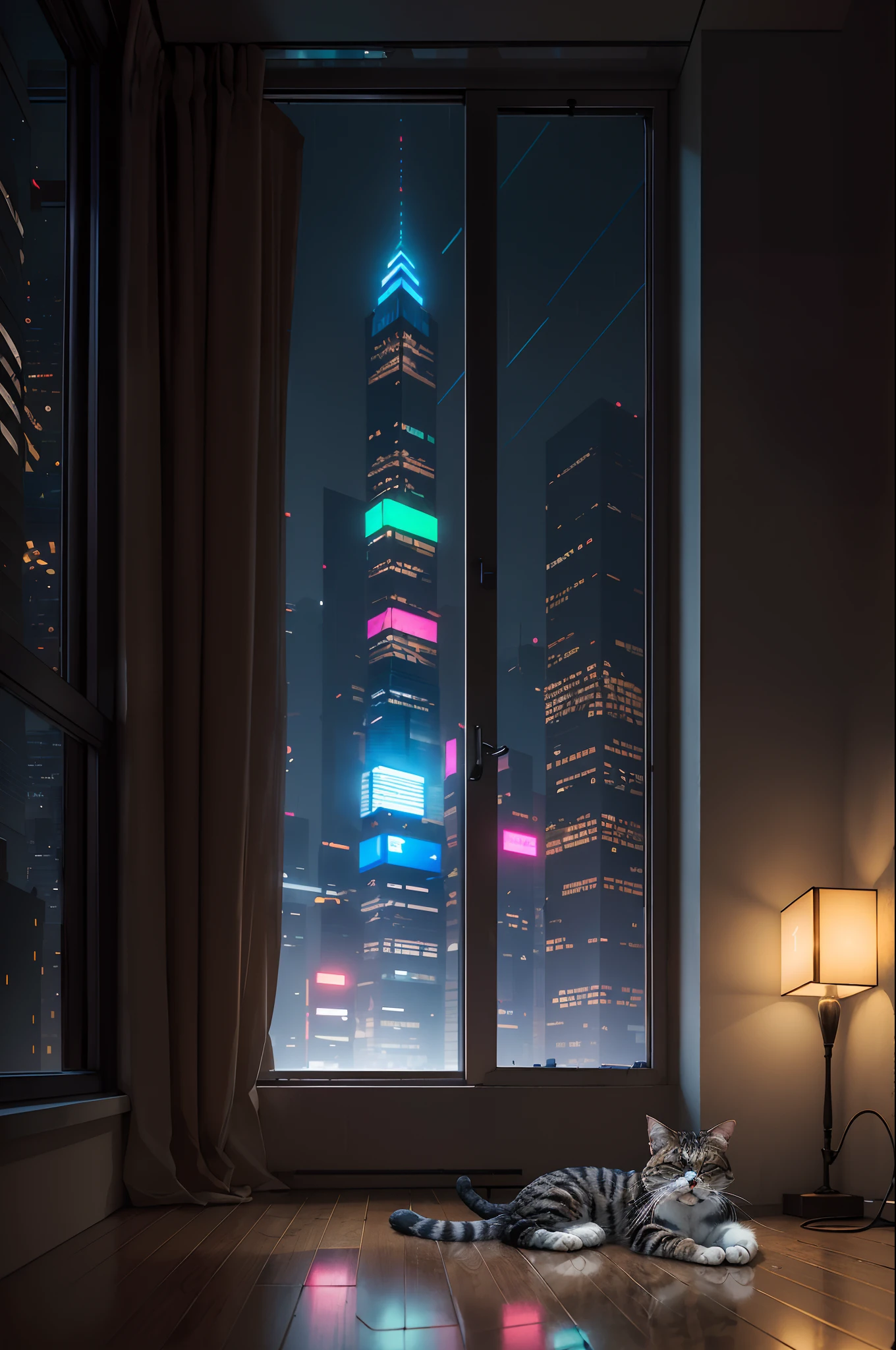 Cyberpunk Style,Lonely lazy cat,The interior is dimly lit,floor to ceiling window,Rained,the night,neonlight,skyscrapper,4k高清,6.43 inches,A picture