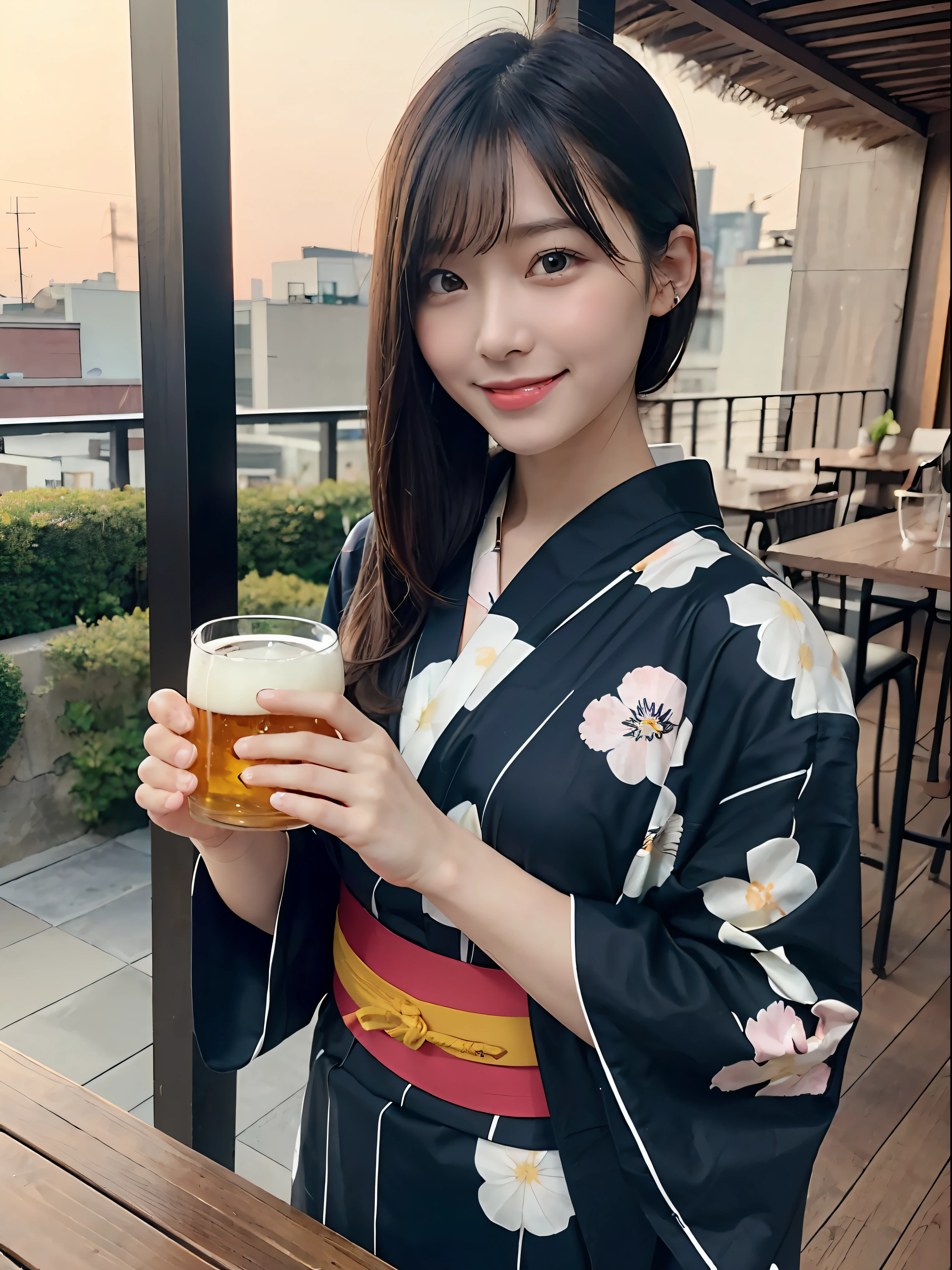 On a summer night at a summer festival, a beautiful woman with large breasts, wearing a colorful low-cut yukata, is enjoying a drink with the brightest smile. The scene is detailed and high quality, capturing the festive atmosphere and the elegance of the setting. The woman has a perfect face, beautiful expression, and striking eyes. The image is ultra-realistic 8K, professional artwork, masterpiece quality, with intricate details and the highest resolution.