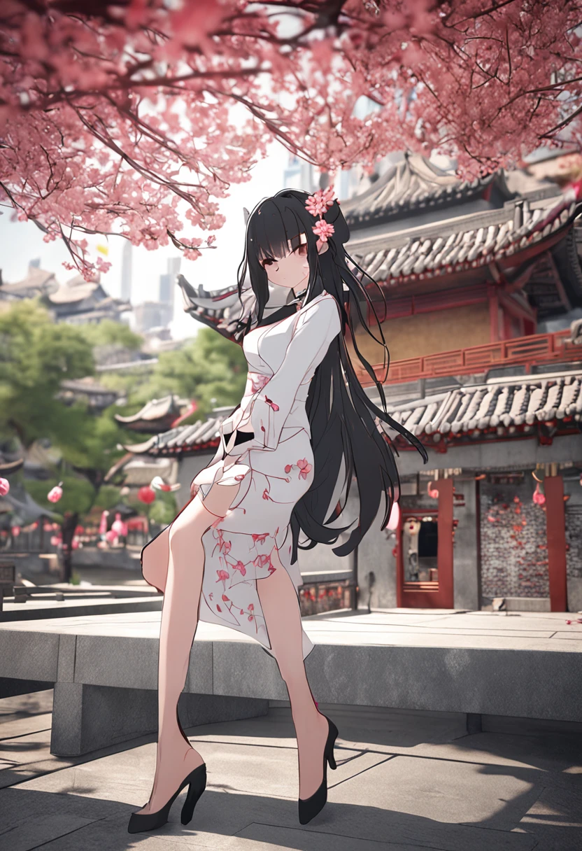 office lady, {game cg}, black hair, long hair, {{skinny}}, {slim legs}, {{{{{mature female}}}}}, white footwear, high heels, best quality, outdoors, blossoms, {{{{black pantyhose}}}}, suzhou garden, light smile, {{chinese clothes}}, hair flower, pond, bonsai, silver decoration, chinese building, red dress, chinese new year, moon, {{fireworks}}, chinese knot, hair decoration, red envelope, phoenix decoration, diamond on shoes, pink decoration,