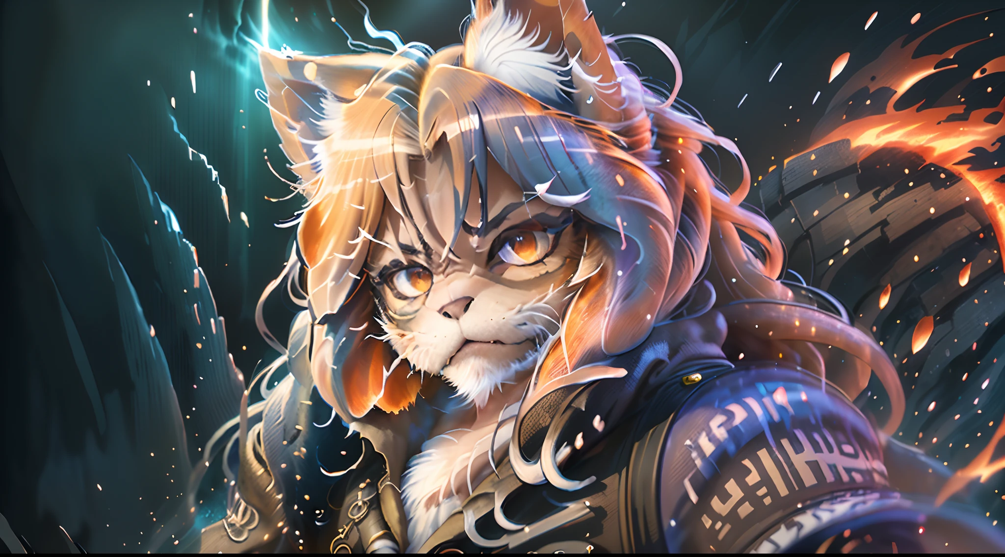 Hyperdetailed Painting, Jean-Baptiste Monge Style, persian cat Anthropomorphic, steampunk ,, , (extremely intricate robes, magical robes orange and purple), (extremely detailed background), ((dynamic background)), ((lightning)), (light rays), ,, , highest quality,, very angry face, body fitness, full body, long hair with braids , at night in the cemetery with fireflies , casting lightning, electricity, swirling fire, radiating power, sparks, smoke, magic, ((dramatic)), epic, battlefield, depth of field, bokeh, 4k, gothic, ember, particles stands imposing in an ancient lost city. Chiseled perfect body, insanely handsome and masculine face. Sunlight highlights his muscles and scars. The scenery is lush and mysterious, with ruins and vegetation. The camera details everything.