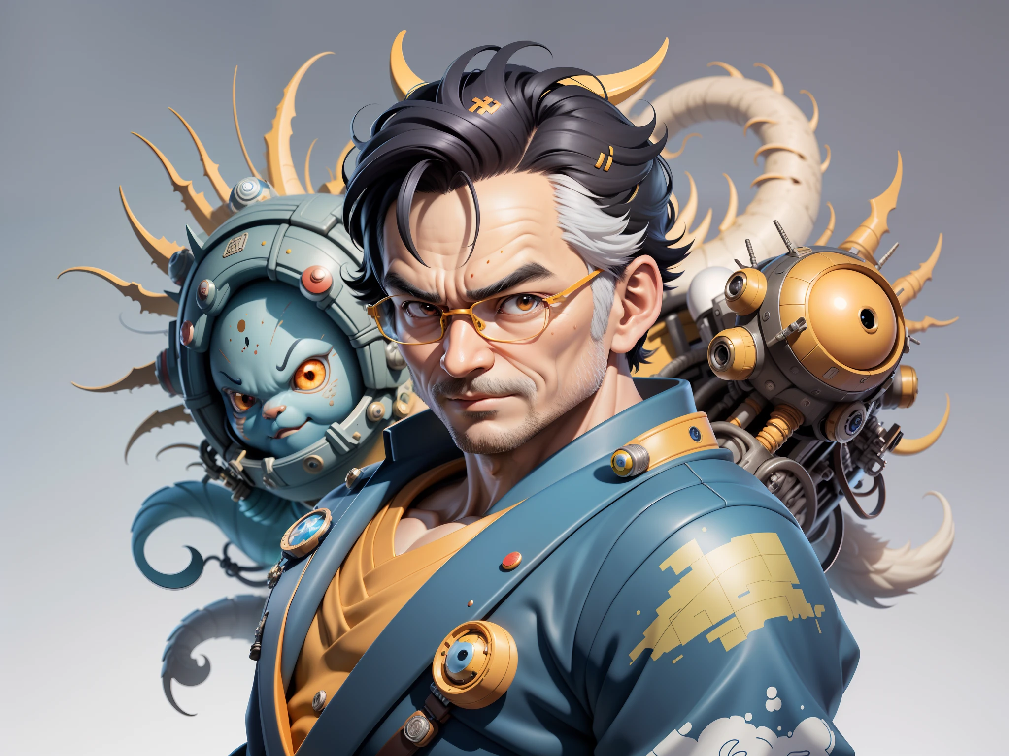 (Masterpiece), (Excellent), (Super Meticulous), (Full Body: 1.2), Super Young Man, Oriental Face, Japanese Kimono, Japanese Wind Thunder God, Dragon, Tiger, TV Anchor, Bust Portrait Illustration, Alone, Black Suit, Blue Tie, Slightly Chubby Face, Very Clean Face, No Beard, Black Super Short Hair, Black Eyes, Confident Smile, 3c Computer Sub-Products, iPad, iPhone, Digital Painting, 3D Character Design by Akira Toriyama and Mark Claireden and Pixar and Hayao Miyazaki, The illustration is a high-definition illustration in 4K resolution with very detailed facial features and cartoon-style visuals.