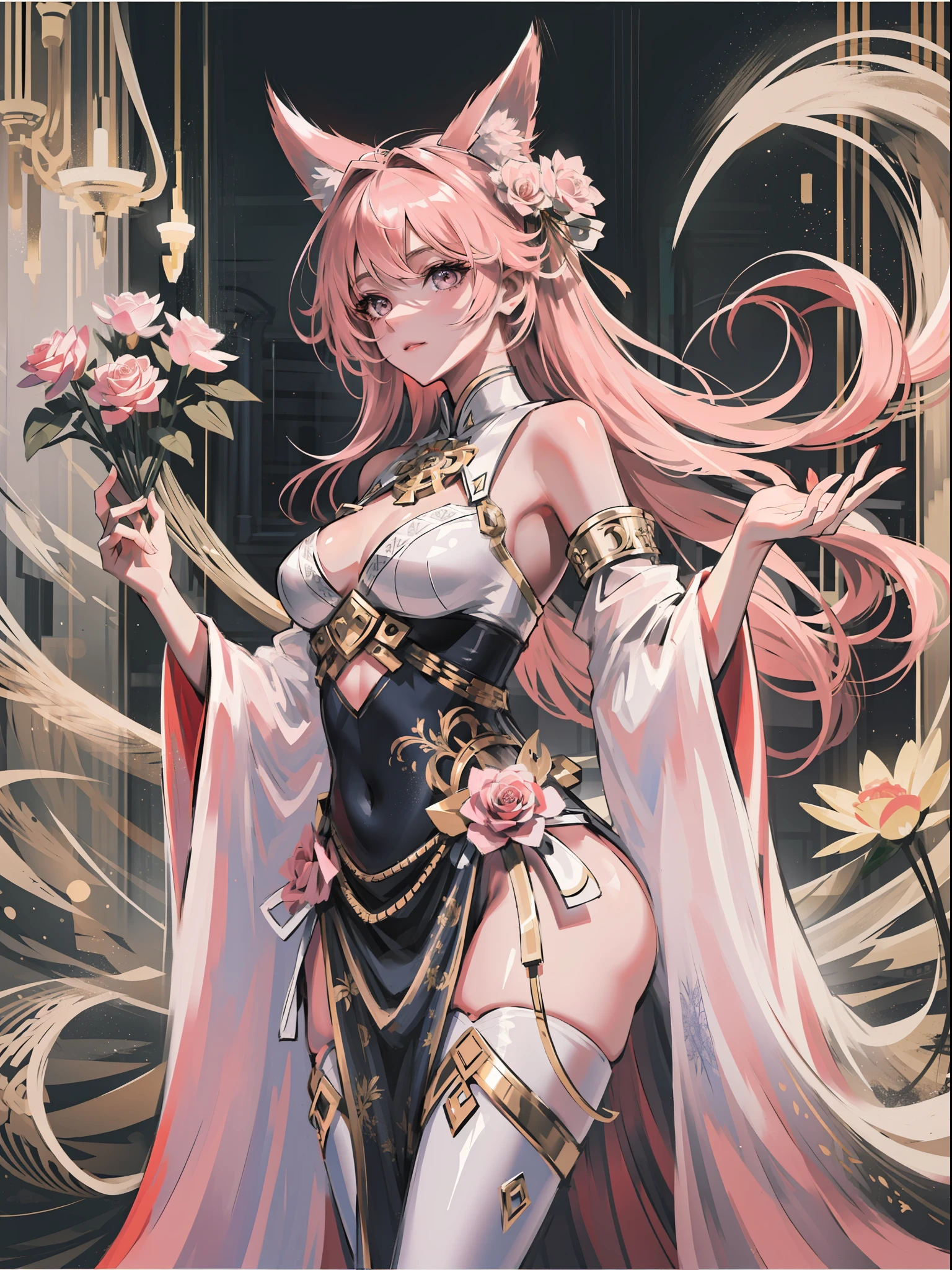 (((Masterpiece))), (((Best Quality: 1.4))), ((super detaill: 1.4)), 1girl, 26 years old, Holding a jade bottle of jing in his hand, In white Hanfu, flowing tulle, light silk, A new frost, Large lotus leaves, lotus flowers, Pure colors, Decisive cuts, empty space, freehand, Masterpiece, Super detailed, epic composition, Ultra HD, 8K, shapely body, long legs, from bottom to up view, Long leg proportional composition, Golden Dragon, White Dragon, pink eyes, rose hair, hairlong, pink fox ears,Charming, masterful