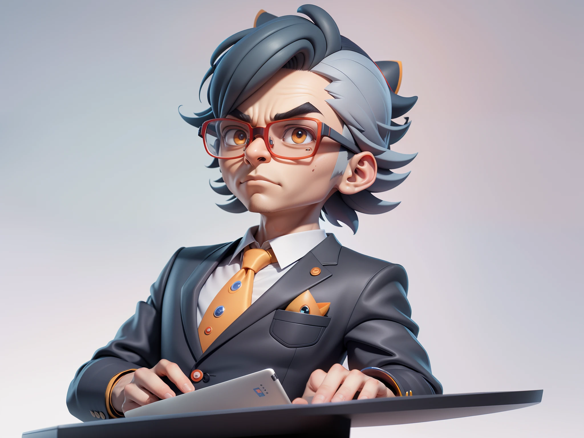 A young man in a suit, Short hair and glasses sat at his desk，holding laptop，digitial painting，tigre，3D character design by Mark Clairen and Pixar and Hayao Miyazaki and Akira Toriyama，4K HD illustration，Very detailed facial features and cartoon-style visuals。