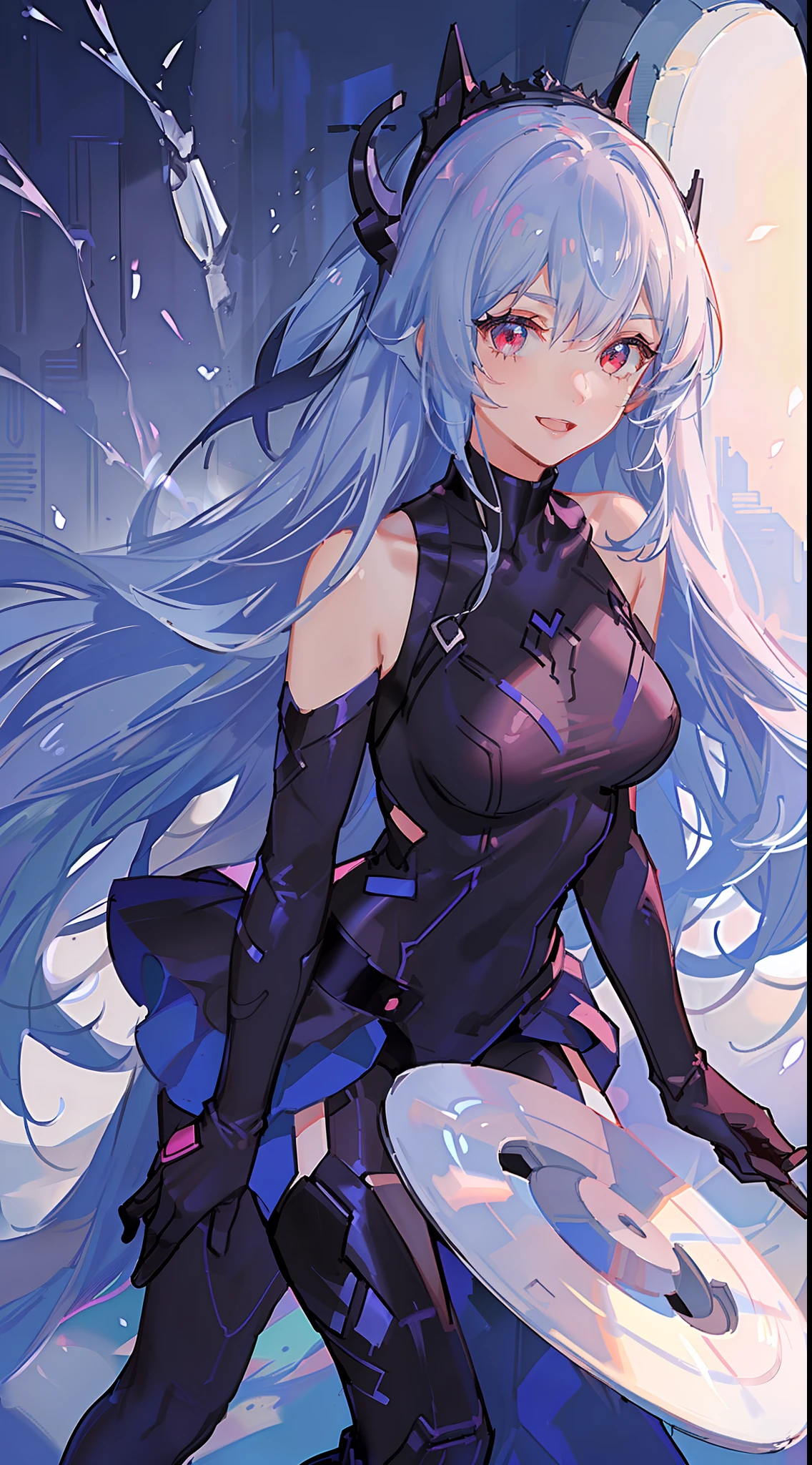 young girl, long blue hair, red eyes, ssmile, opened mouth, Pink Plug Suit, Masterpiece, hiquality