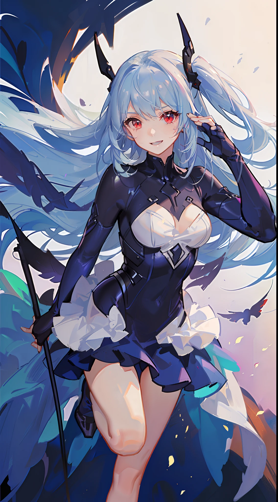 young girl, long blue hair, red eyes, ssmile, opened mouth, Pink Plug Suit, Masterpiece, hiquality