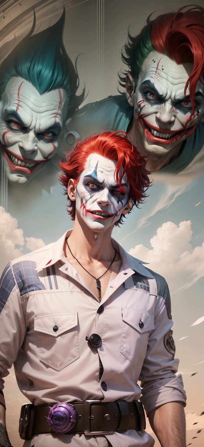 Boy With 3d Cartoon   futuristic monster background realistic joker face , bule red hair ultra high quality HD