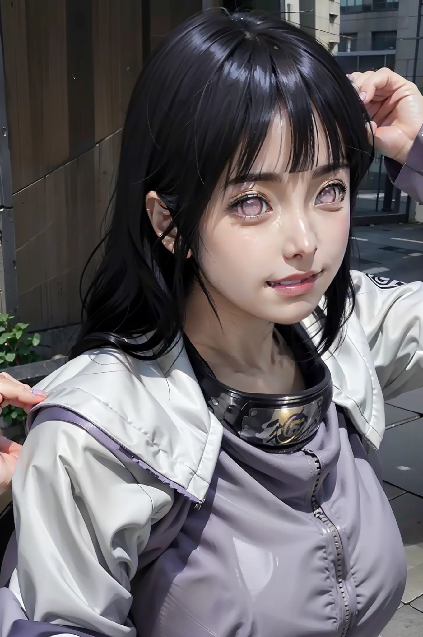 1girl, hyuga hinata in anime naruto, long hair, black hair, white eyes, smile, beautiful, purple clothes, very big breast, realistic clothes, detail clothes, outdoor background, ultra detail, realistic