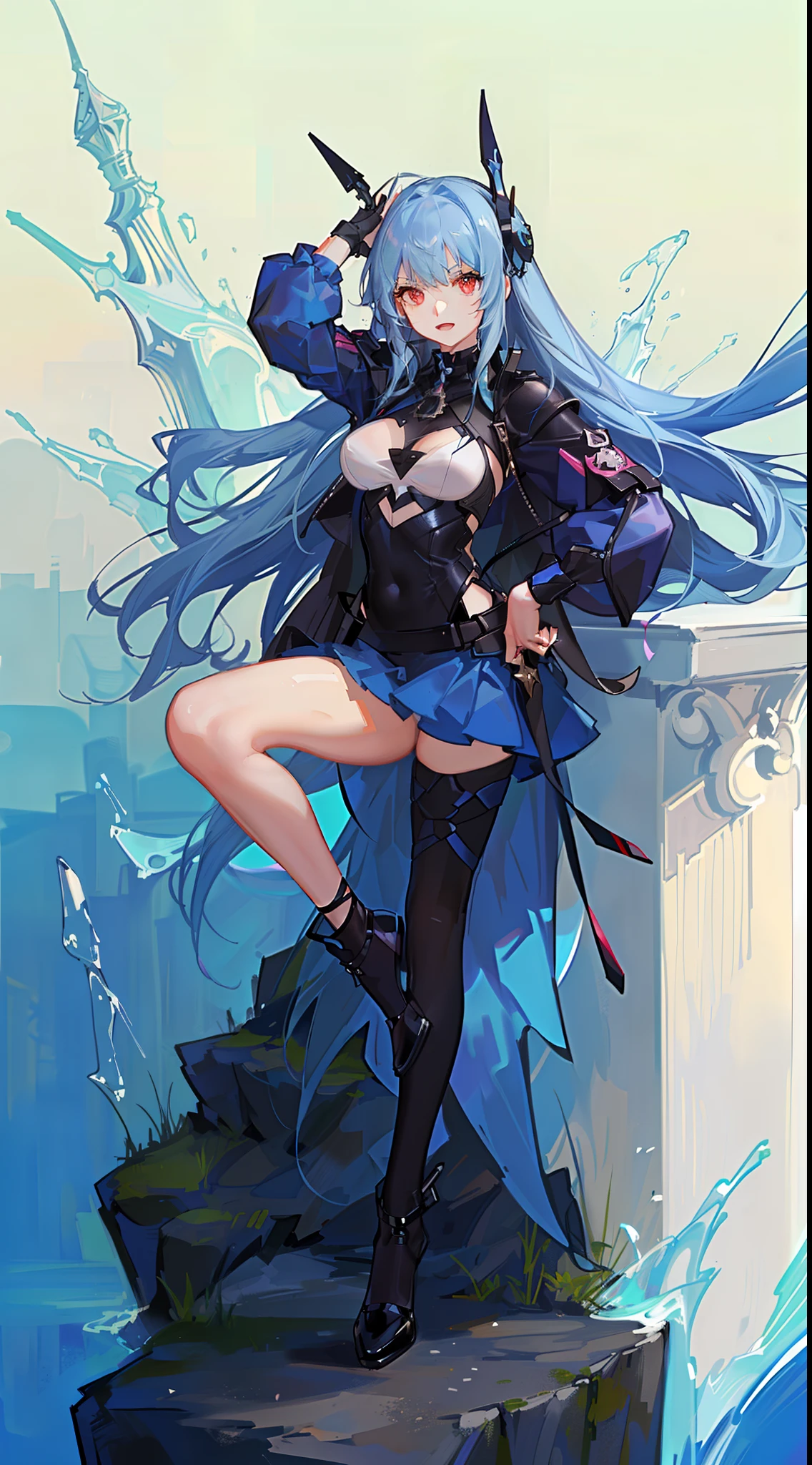 young girl, long blue hair, red eyes, ssmile, opened mouth, Pink Plug Suit, Masterpiece, hiquality