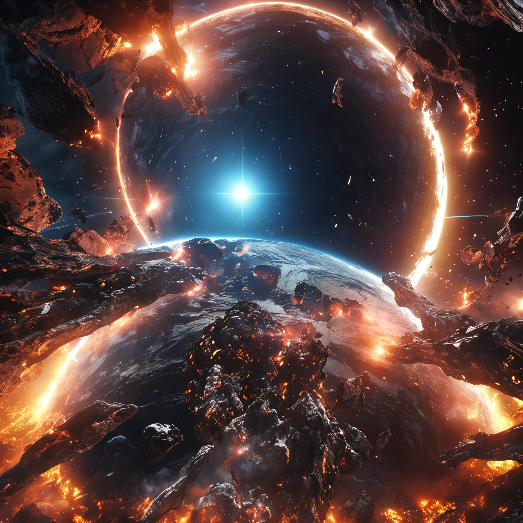 ((Best quality)), ((Masterpiece)), (dramatic scene), The Earth and the Sun collapse into black holes like the Sun, (Post lighting:1.3), As soon as the sun came out, it darkened, (Epic composition:1.2), (Earth bathed in light of random colors:1.3), (CG animation:1.1), Flames and debris are inhaled, (Emergency atmosphere:1.2), The spacecraft was evacuated urgently，Open the space wormhole，People fleeing, (movie atmosphere:1.3), Nebulae and galaxies in the background, (High contrast:1.1), (8K resolution:1.0),