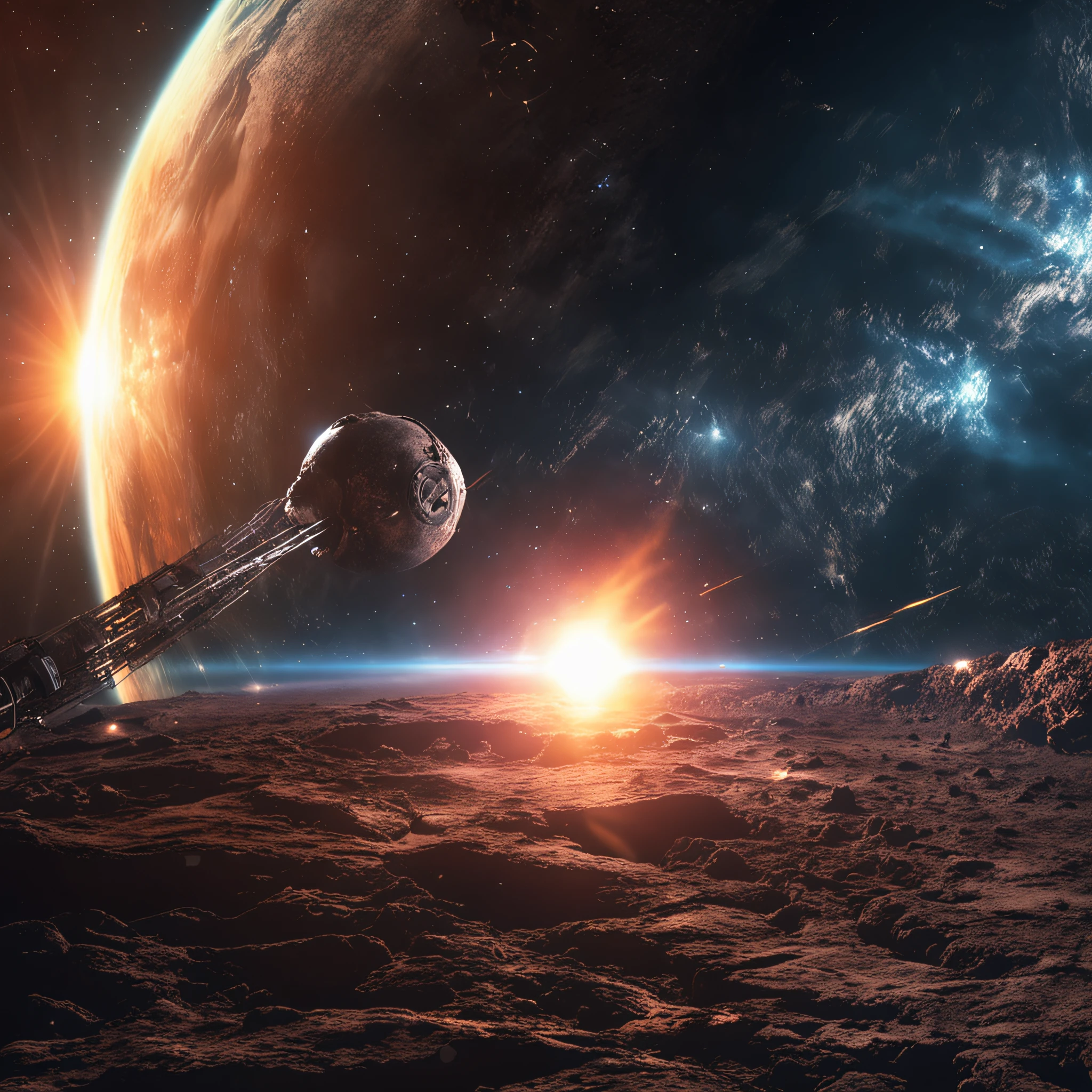((Best quality)), ((Masterpiece)), (dramatic scene), The Earth and the Sun collapse into black holes like the Sun, (Post lighting:1.3), As soon as the sun came out, it darkened, (Epic composition:1.2), (Earth bathed in light of random colors:1.3), (CG animation:1.1), Flames and debris are inhaled, (Emergency atmosphere:1.2), The spacecraft was evacuated urgently，Open the space wormhole，People fleeing, (movie atmosphere:1.3), Nebulae and galaxies in the background, (High contrast:1.1), (8K resolution:1.0),