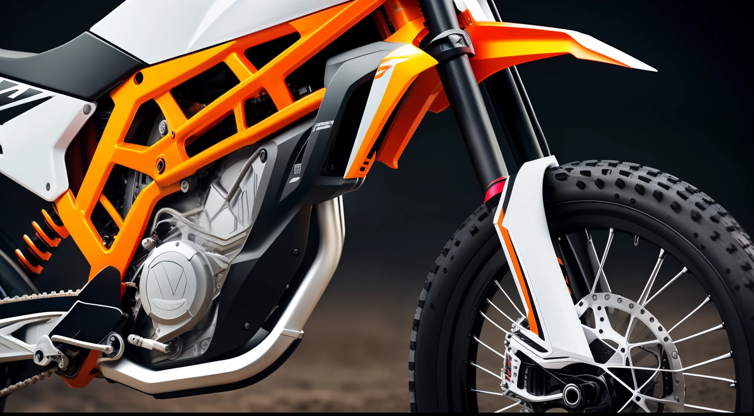 Electric white motocross bike,KTM motorcycle,massive battery,Mountain bike,20-inch tires,High performance,cool looking,High quality,High detail,Side photo,closeup detailed,Side perspective,crisp smooth lines,close up shot from the side,hd render,Ultra-realistic rendering,extreme render,artistation render