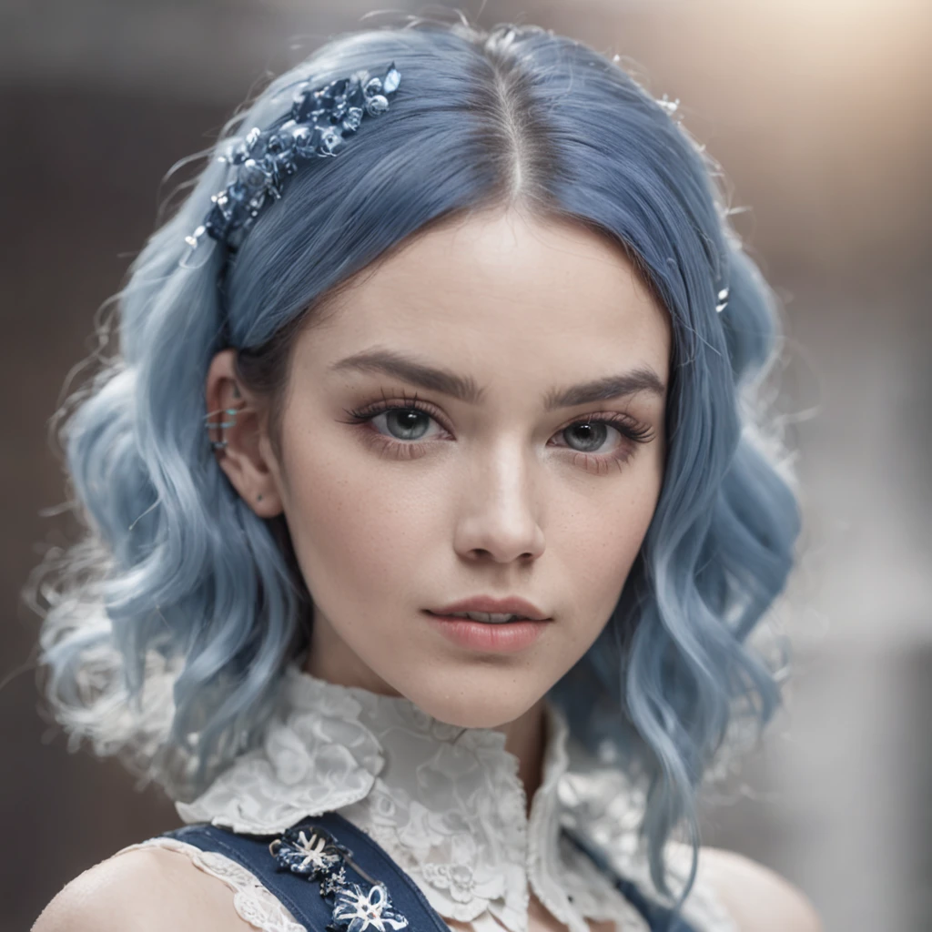 young woman wears light makeup on her face. Skull pattern style. Blue hair. Wear headphones around your neck. Wear a blue shirt. White image background in a highly technological environment. High Detail, Realistic, Intricate Hyper Details, 8k, Cinematic Lighting, cinematic.