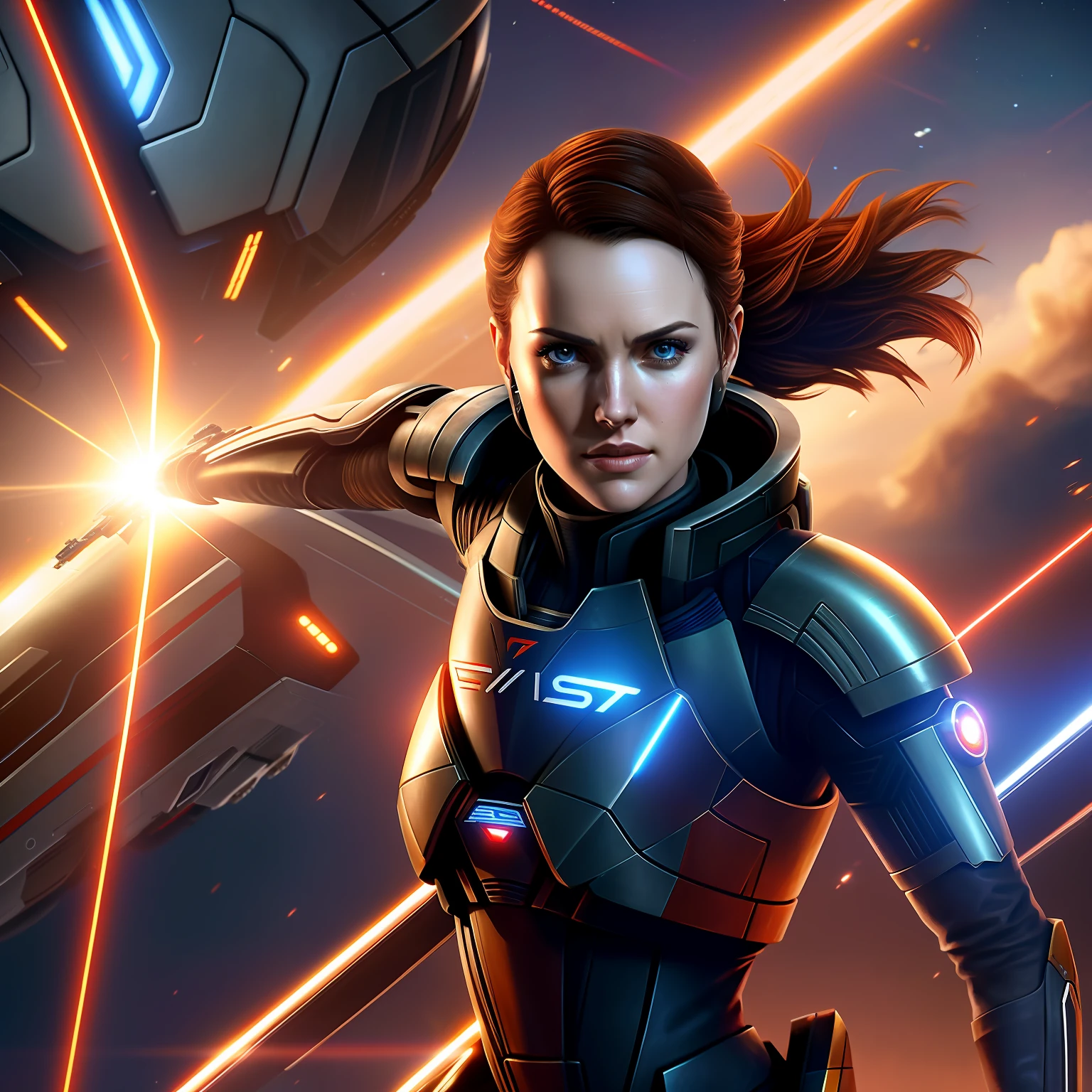 a close up of Daisy Ridley in a futuristic suit with a sci - fiction style background, mass effect fantasy, commander shepard, femshep, shepard fairy style art, mass effect style, mass effect inspired, mass effect, mass effect artifacts, wearing mass effect armor, inspired by Eve Ryder, epic scifi character art, hq 4k phone wallpaper, jen bartel