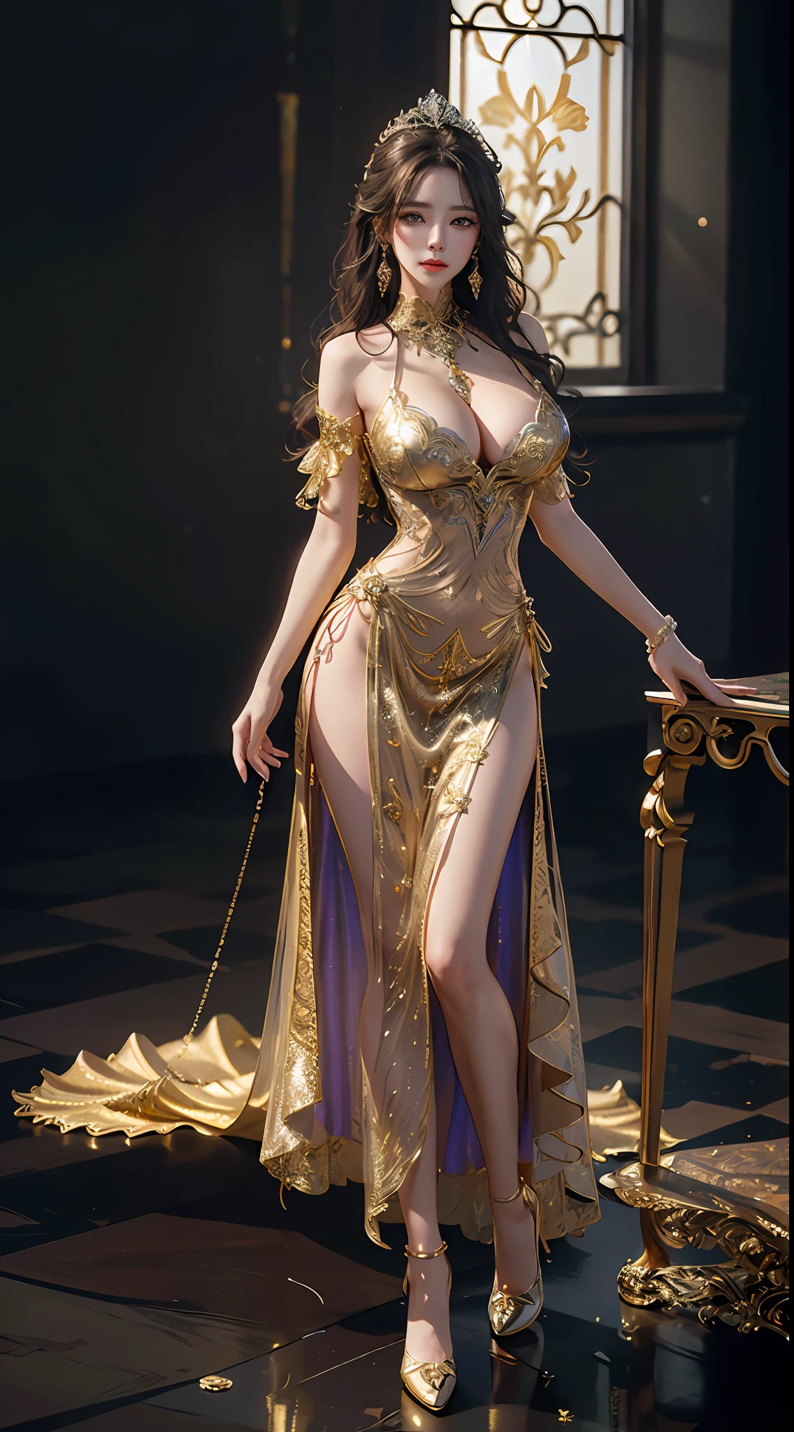 Woman in a golden transparent dress,standing,view the viewer,High heels, (((Huge breasts, Large cleavage))),Slim waist,(Bare waist), Long hair, micro-curly hair, Ultra-detailed details,High-end Zhenyi station, Rainstorm site, detailed fantasy art, Stunning character art, Beautiful and exquisite character art, Beautiful gold and silver armor, Extremely detailed, Girl in shiny armor, Exquisite tiaras and jewelry,Crystal jewelry filigree, Full body capture, milky ways, Stunning visuals, (dynamic streaks, light tracks:1.2), Vibrant colors,