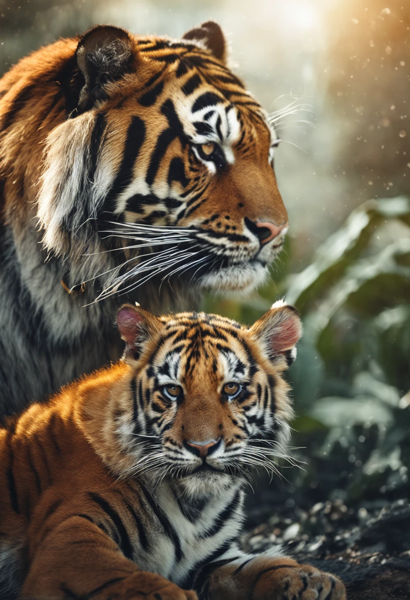 jovem com cara triste porque perdeu tudo no jogo com um tigre ao fundo sorrindo com muito colar de ouro e joias