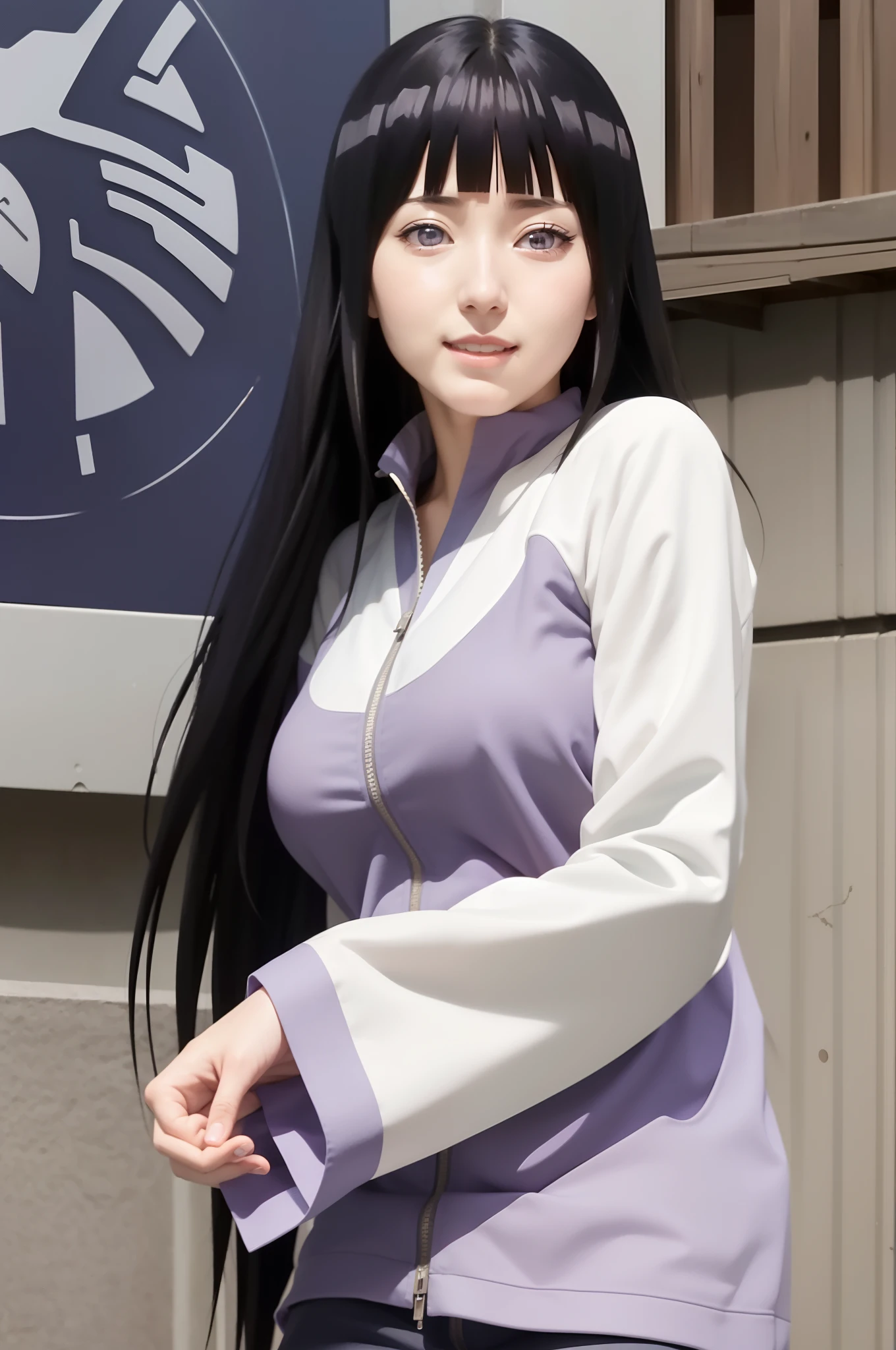 1girl, hyuga hinata in anime naruto, long hair, black hair, white eyes, smile, beautiful, purple clothes, very big breast, realistic clothes, detail clothes, outdoor background, ultra detail, realistic