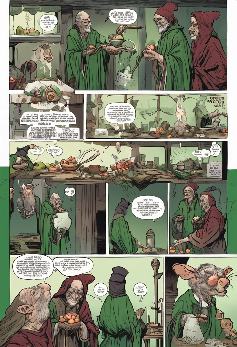 ( 8K, awardwinning, Best Quality), High Definition, Super Detail, high detailing, Anatomically correct, Perfect illustration, (masutepiece: 1.3), (Poisoned apples have a mouth:1.8), (Bring the green liquid to a boil in a large saucepan:1.1),black robes, Triangle has, long snout, White face,Wrinkled, Plot something、Detailed hand、Detailed finger、(Old Woman Witch:1.8)、Using rats、Invincible smile