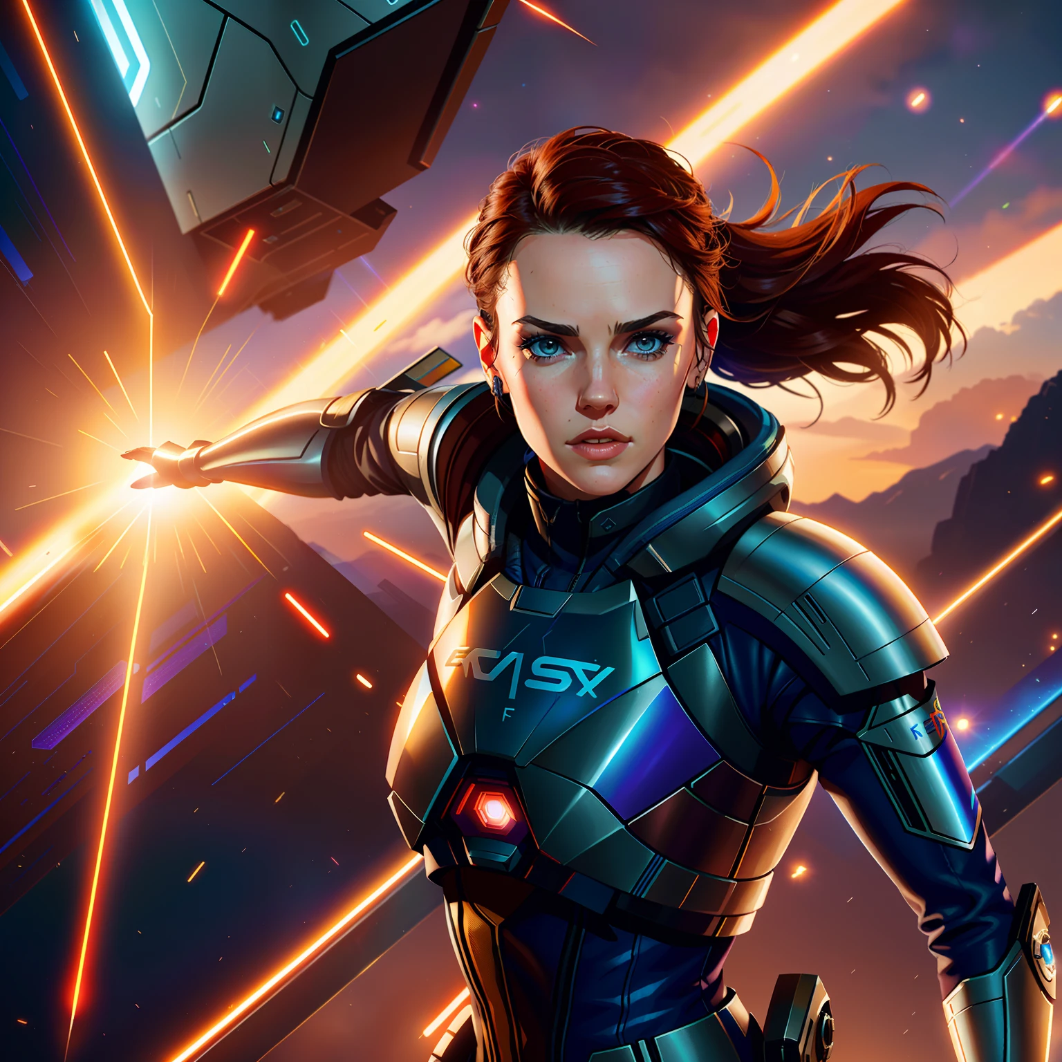 a close up of Daisy Ridley in a futuristic suit with a sci - fiction style background, mass effect fantasy, commander shepard, femshep, mass effect style, mass effect inspired, mass effect, mass effect artifacts, wearing mass effect armor, inspired by Eve Ryder, epic scifi character art, hq 4k phone wallpaper, jen bartel