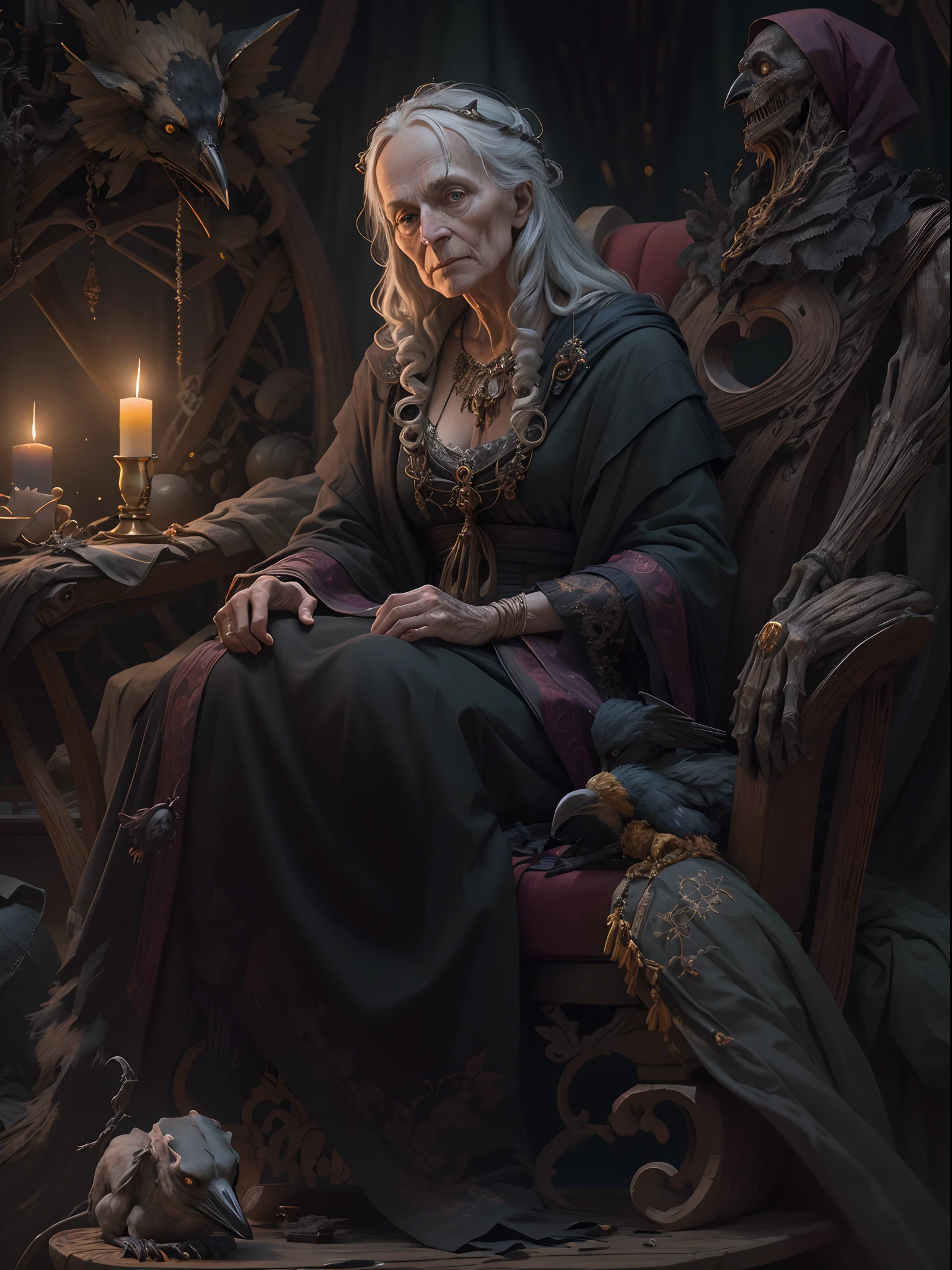 An old witch sits in a Kadilau chair in the background,She was holding a Soniste crow, Packed on sheets, hermit, Marble statue of, Deep octane rendering, Candlelight lighting, baroque, European, Look sideways at the camera, Anatomically correct, Super detailed