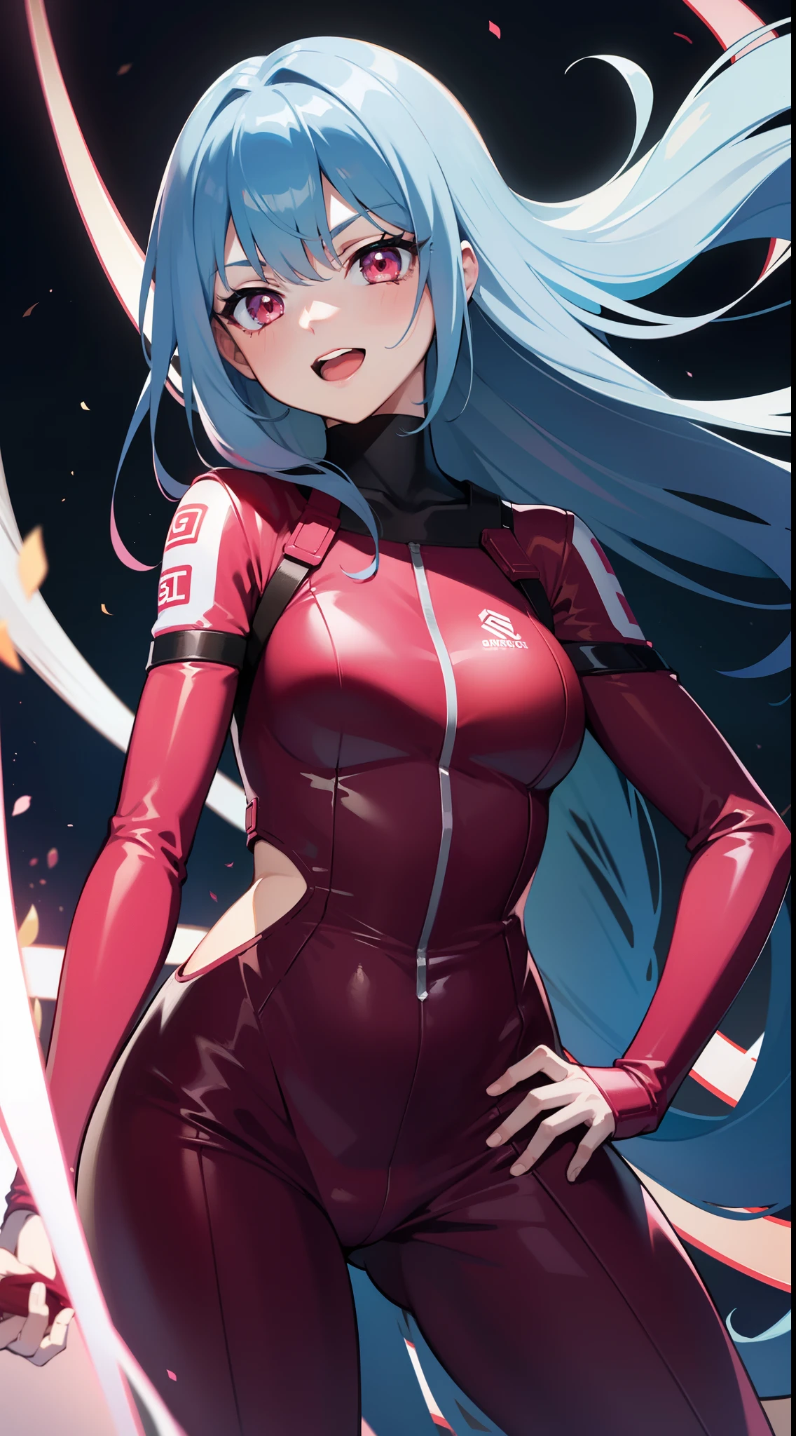 young girl, long blue hair, red eyes, ssmile, opened mouth, Pink PlugSuit, Masterpiece, hiquality