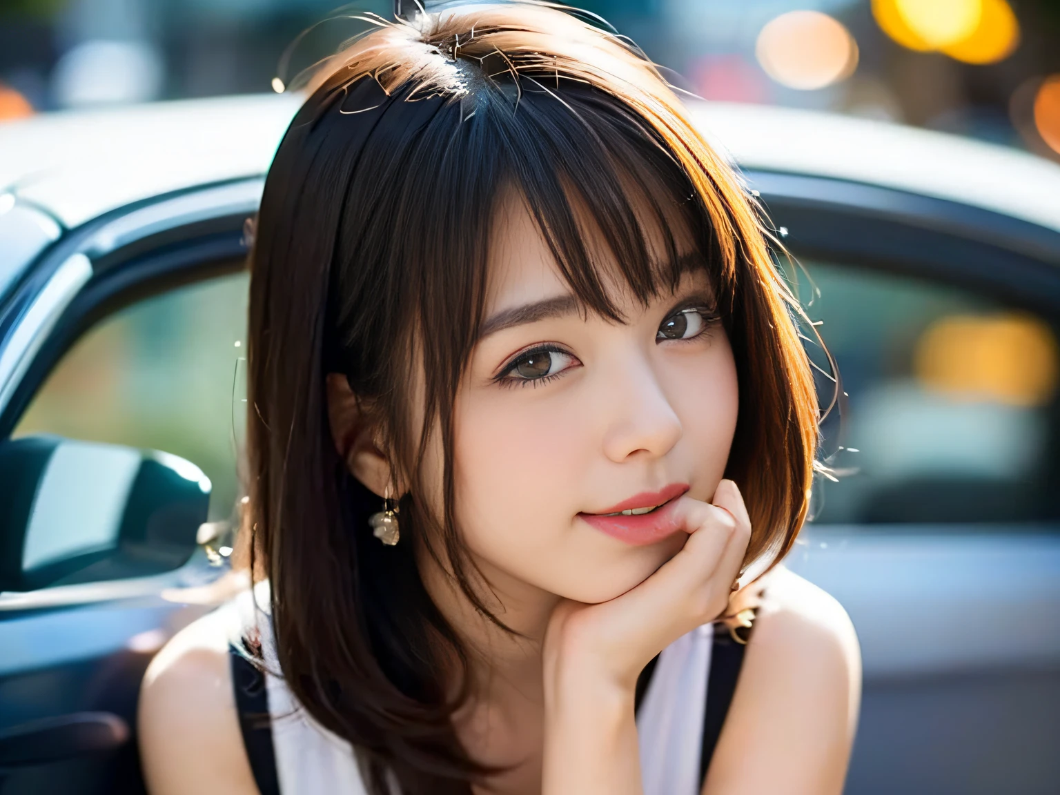 1girl in、(looking looking at viewer)、(bokeh dof:1.1)、Parted lips、Shy smile、realisitic、Wearing white underwear、gravure、A sexy、sky line、realisitic、Beautuful Women