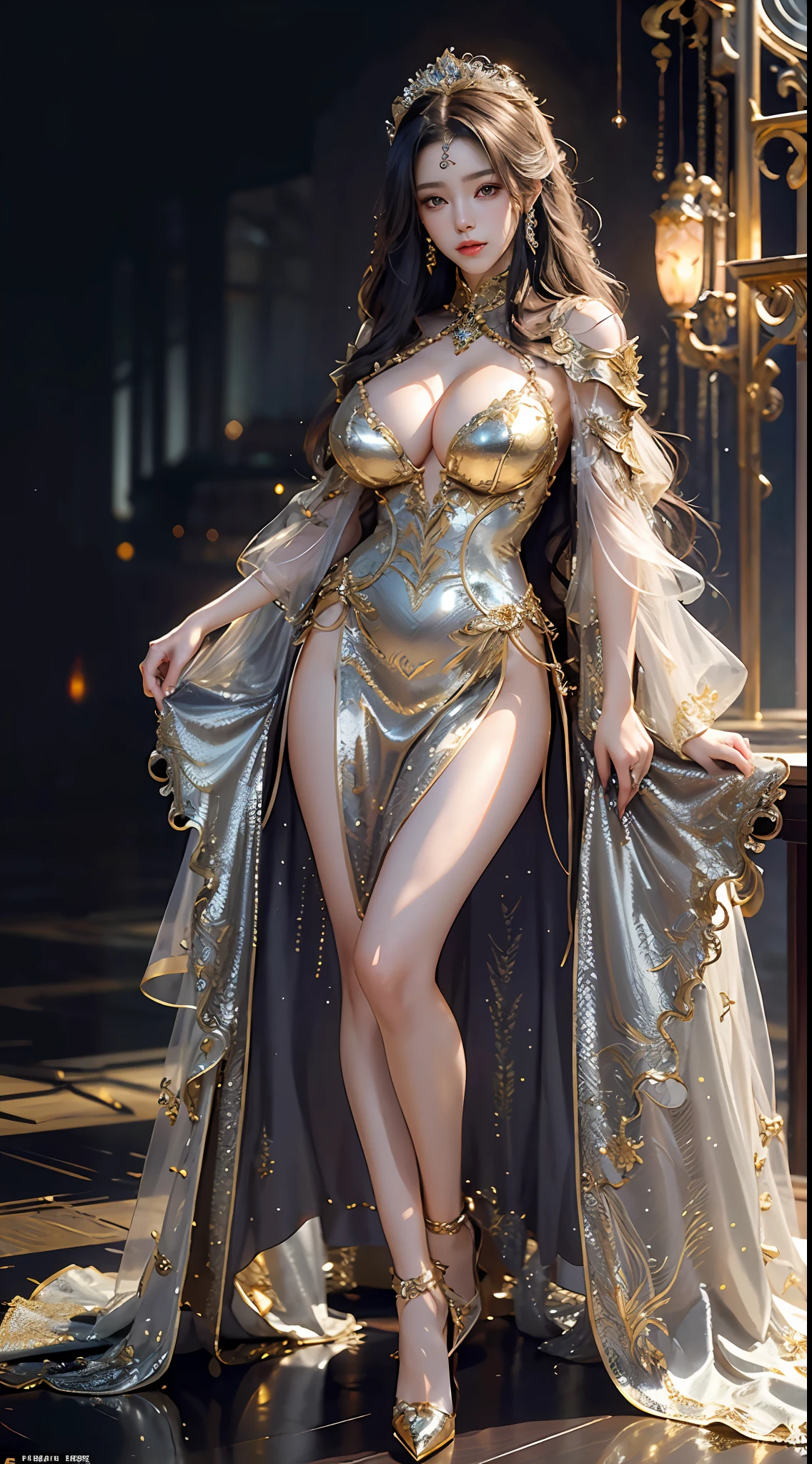 Woman in a golden transparent dress,standing,view the viewer,High heels, (((Huge breasts, Large cleavage))),Slim waist,(Bare waist), Long hair, micro-curly hair, Ultra-detailed details,High-end Zhenyi station, Rainstorm site, detailed fantasy art, Stunning character art, Beautiful and exquisite character art,(( Beautiful gold and silver armor)), Extremely detailed, Girl in shiny armor, Exquisite tiaras and jewelry,Crystal jewelry filigree, Full body capture, milky ways, Stunning visuals, (dynamic streaks, light tracks:1.2), Vibrant colors,